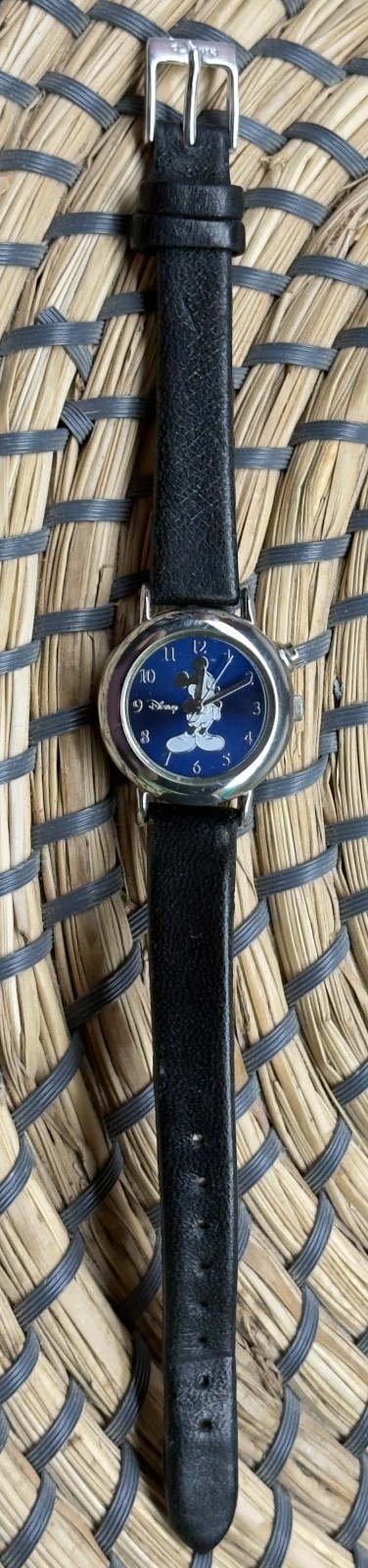 Vintage Disney Mickey Mouse Wristwatch SII Seiko Silver Tone Black Leather READ