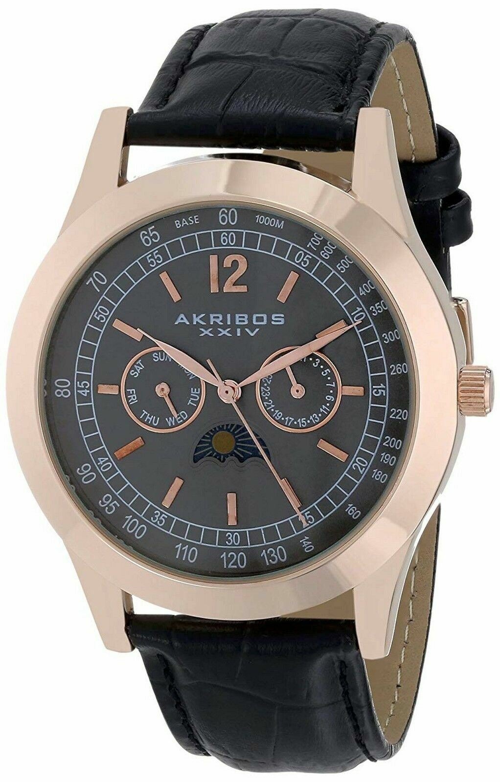 NEW Akribos XXIV AK666XRG Mens Retro Multifunction Black Leather Rose Gold Watch