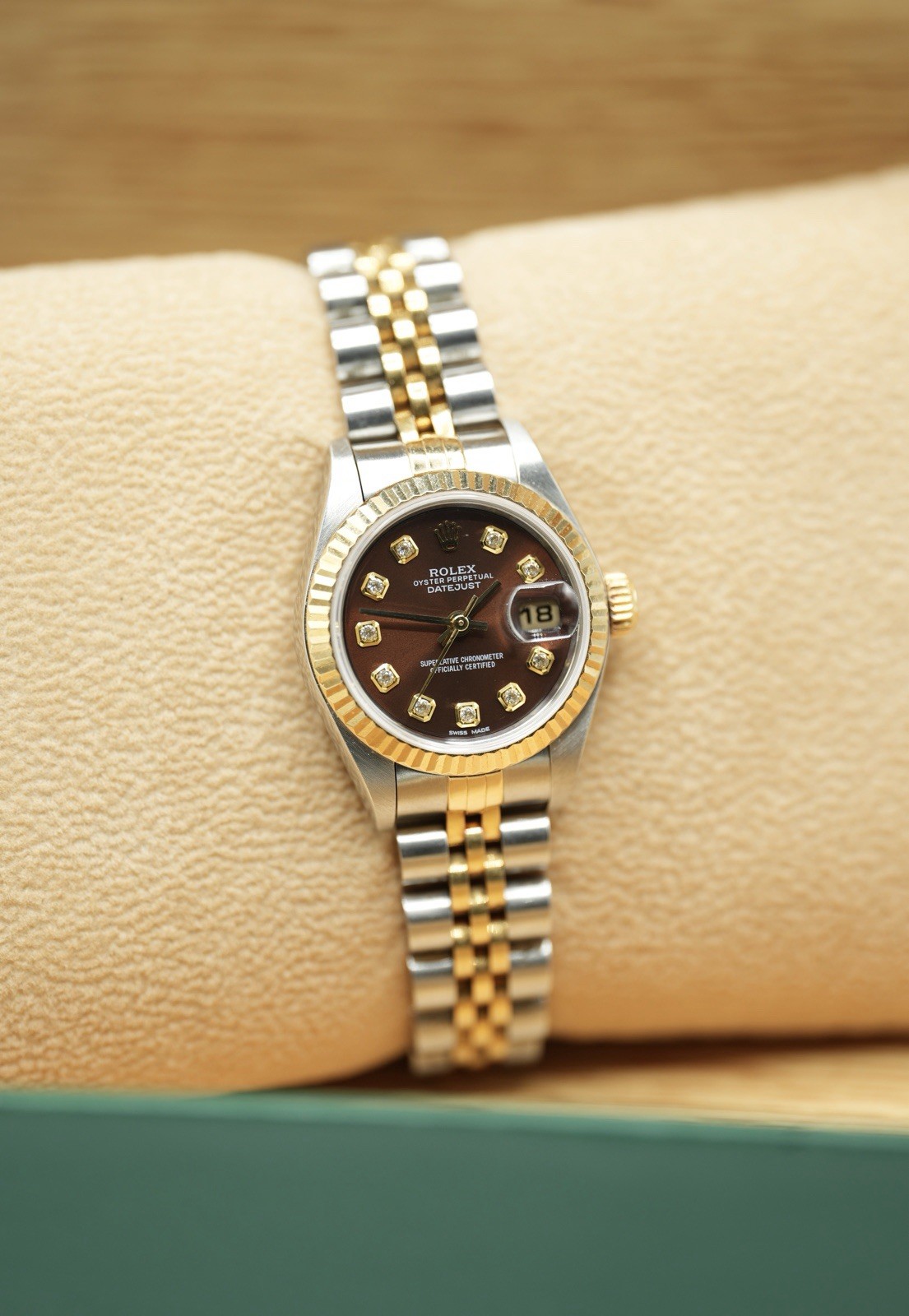 Steel & Gold Rolex Ladies Datejust 26 79173 Custom Chocolate Brown Diamond Dial