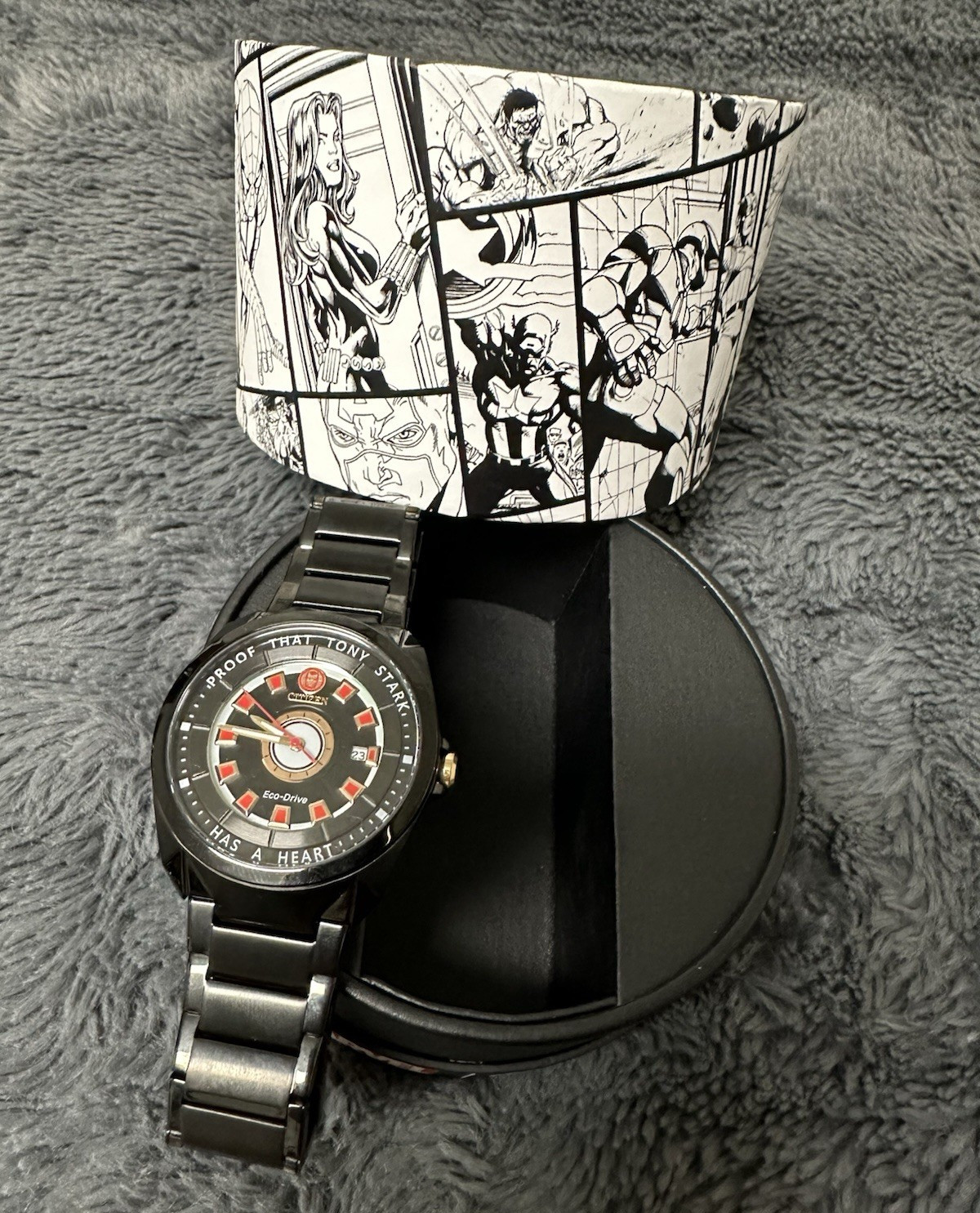 Citizen Eco-Drive Marvel Iron Man Black SS Bracelet Analog Date Watch w/ Box