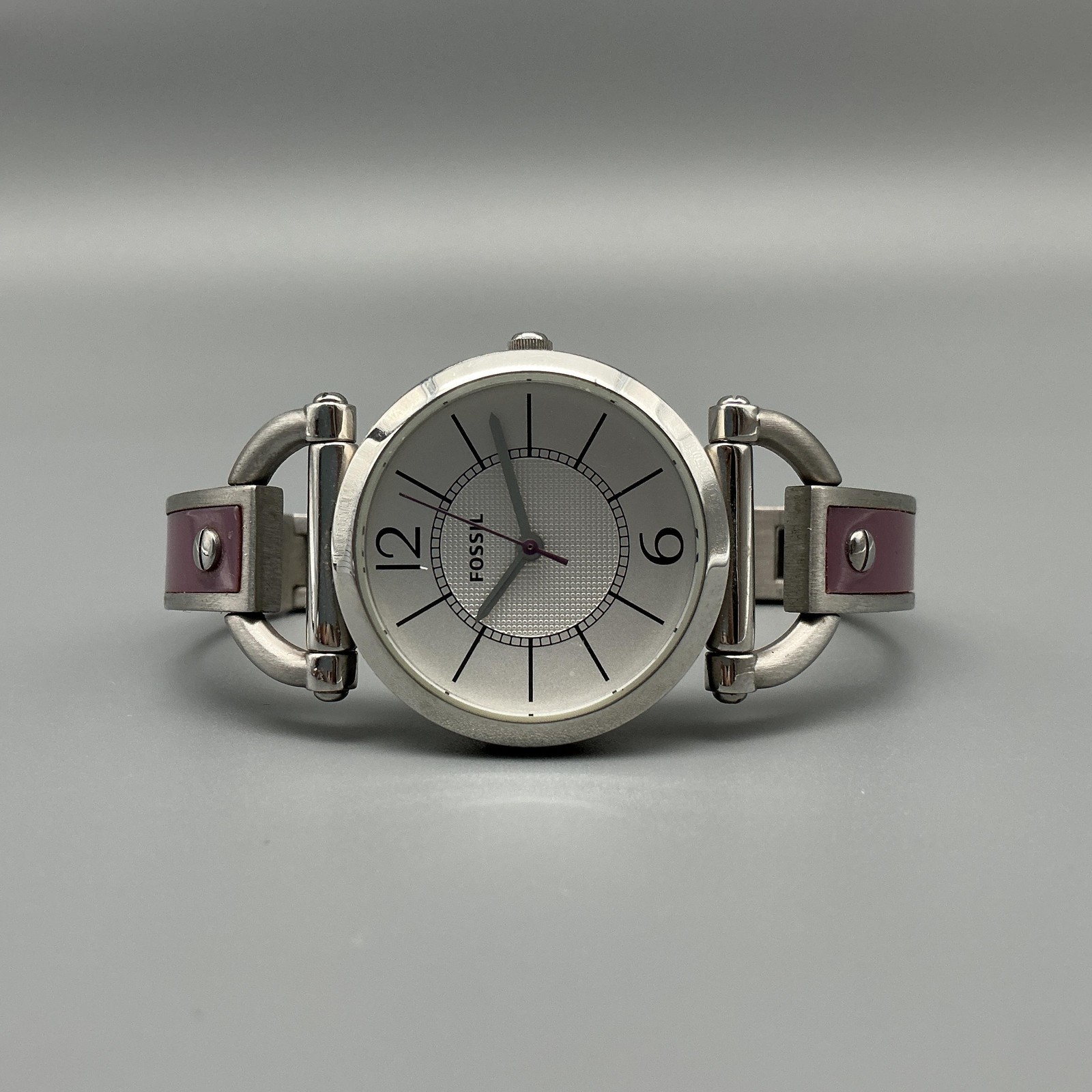 Fossil ES-2472 Womens Watch 30mm Silver Tone Purple Inlay Stainless New Battery