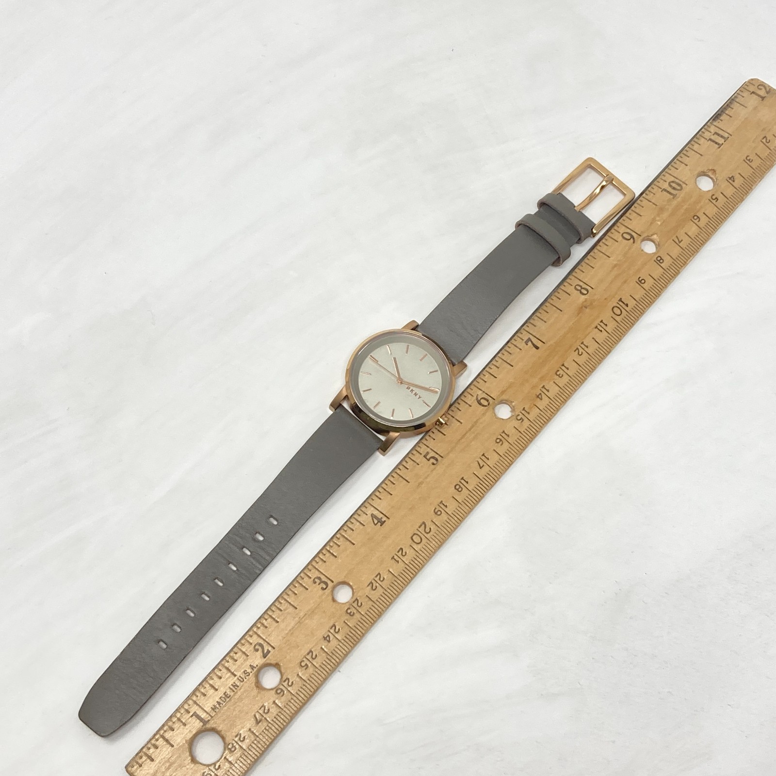 DKNY Watch Women 34mm Rose Gold Tone Gray Leather Band 50M WR New Battery 8.75″