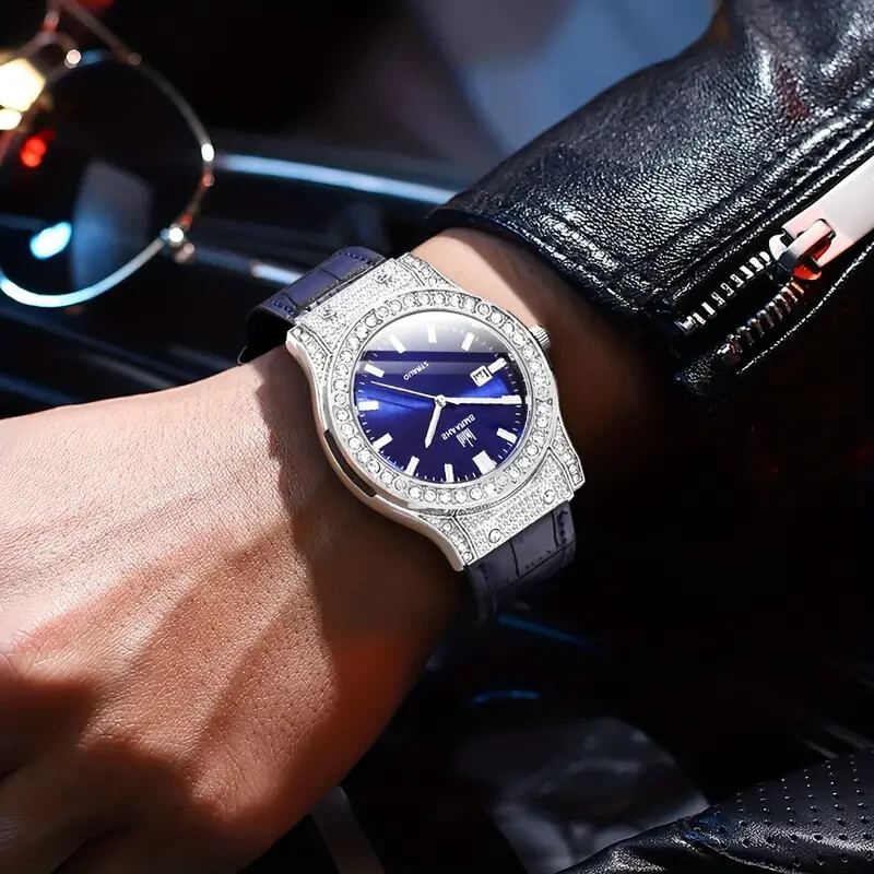 Men Iced Hip Hop Silver Plated Blue Leather Band Simulated Diamond Urban Watch