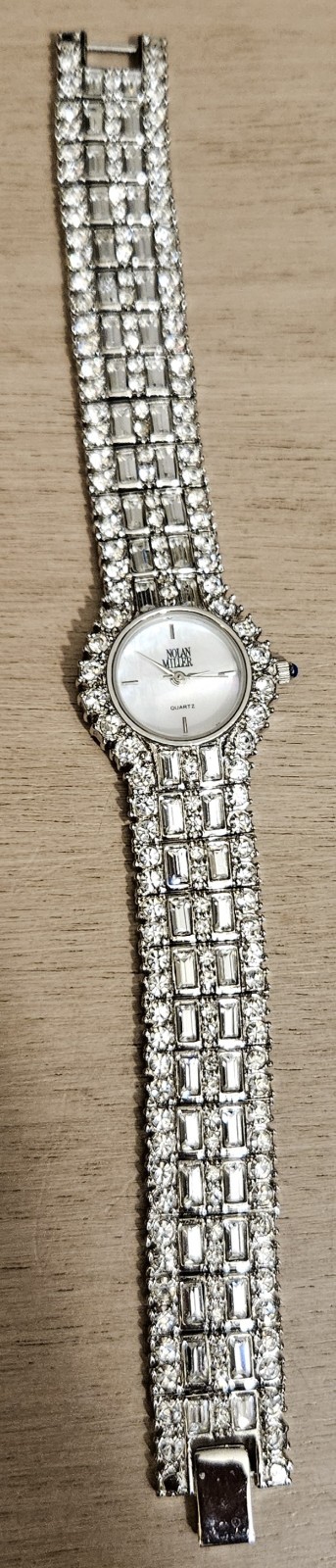 Nolan Miller Glamour Rhinestone Silvertone Ladies Wristwatch, Tested & Works