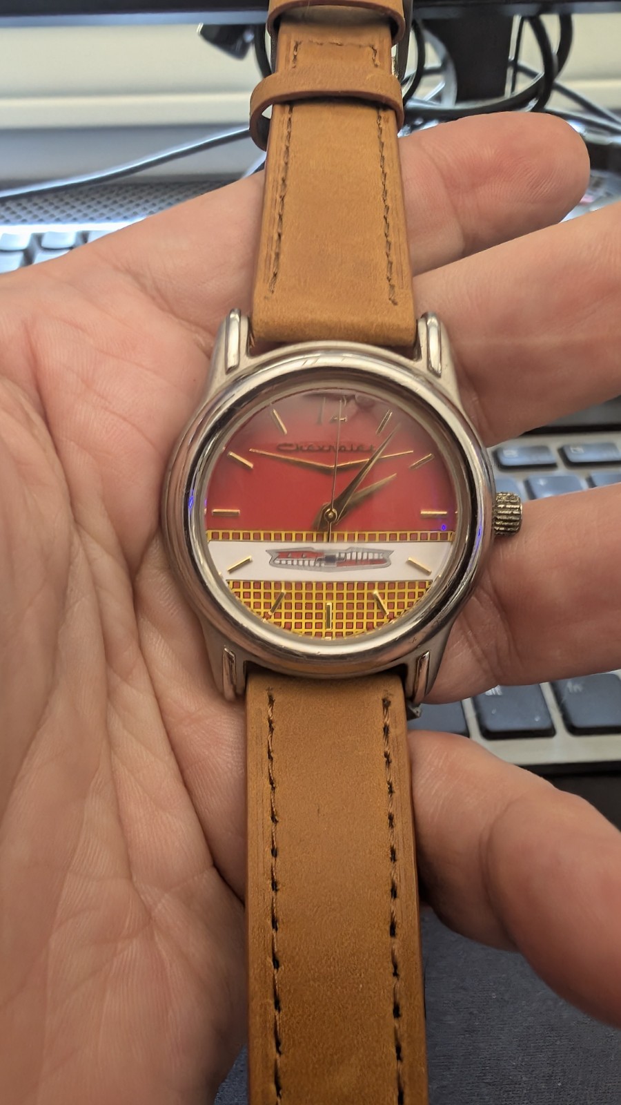 Chevrolet Quartz Watch Red Dial Bowtie Vintage Leather Strap Dealer