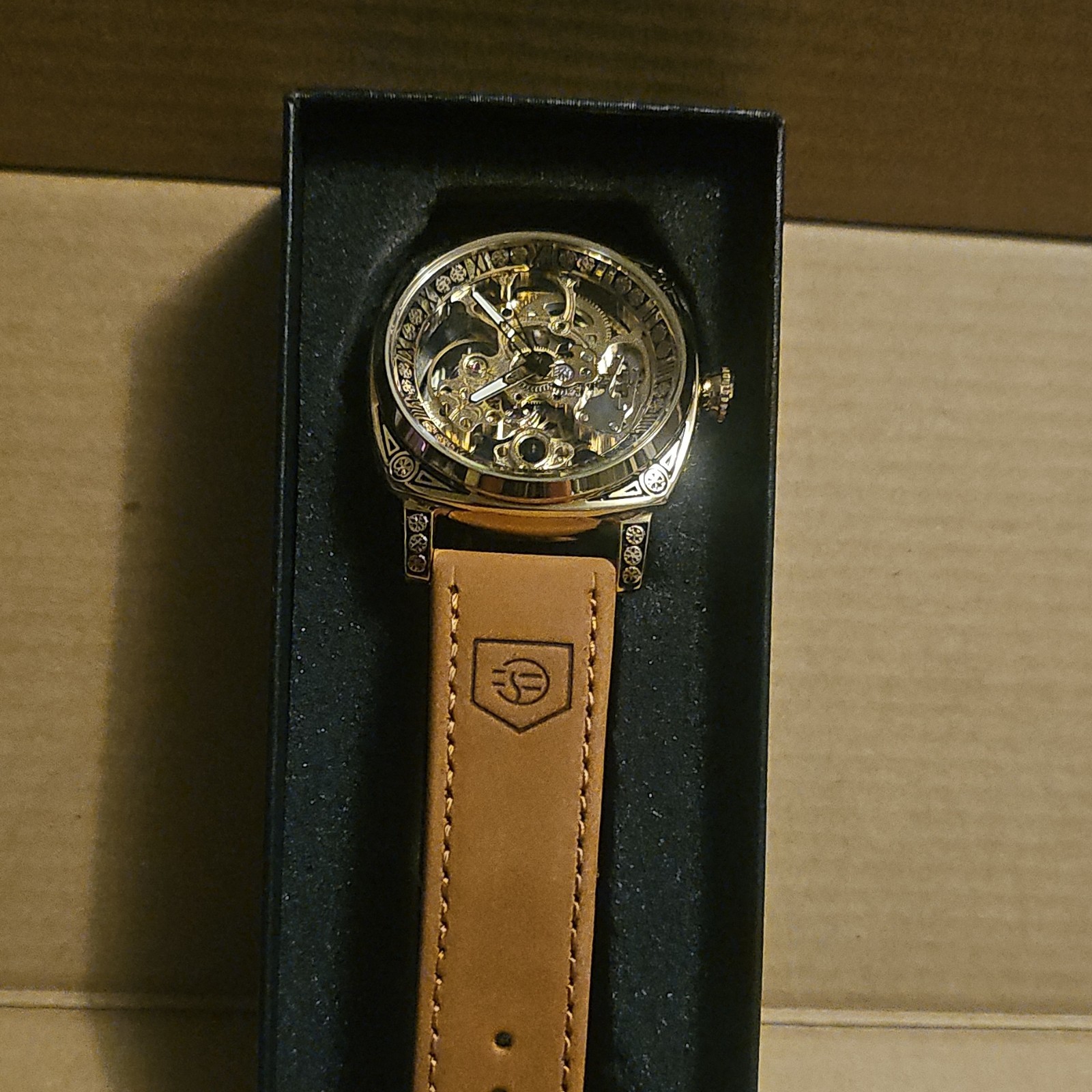 FORSINING Skeleton Dial Automatic Men’s Wristwatch Gold Tone Brown Leather