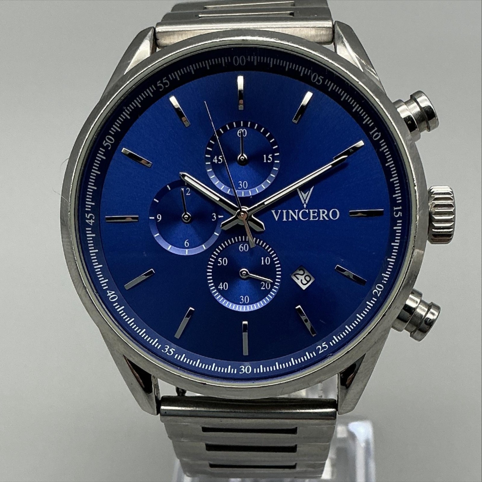Vincero Mens Watch 42mm Blue Dial Stainless Steel Chronograph Date New Battery 7