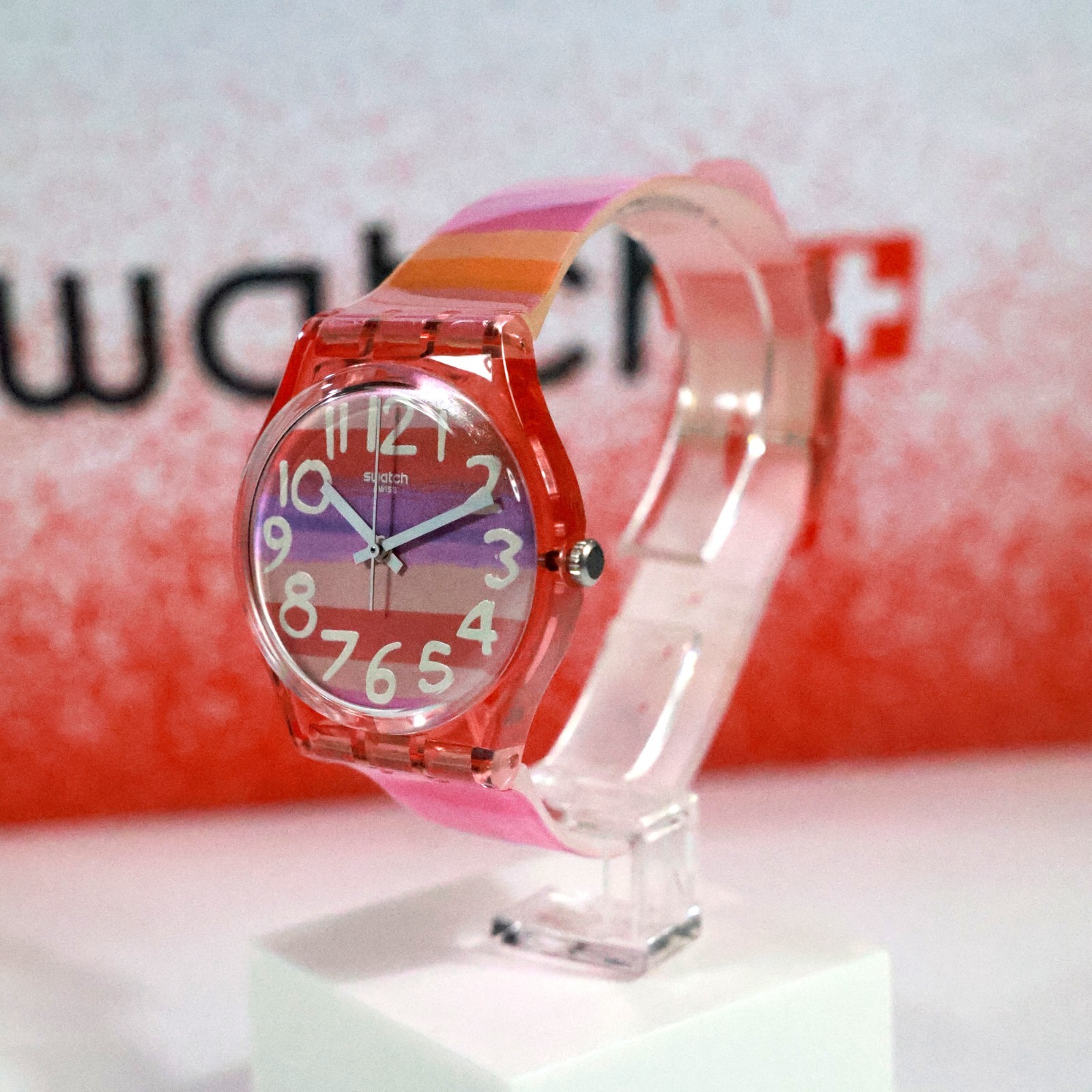 New Swiss Made Swatch Pink Rainbow Watch Astilbe GP140 34MM Multicolor Silicone