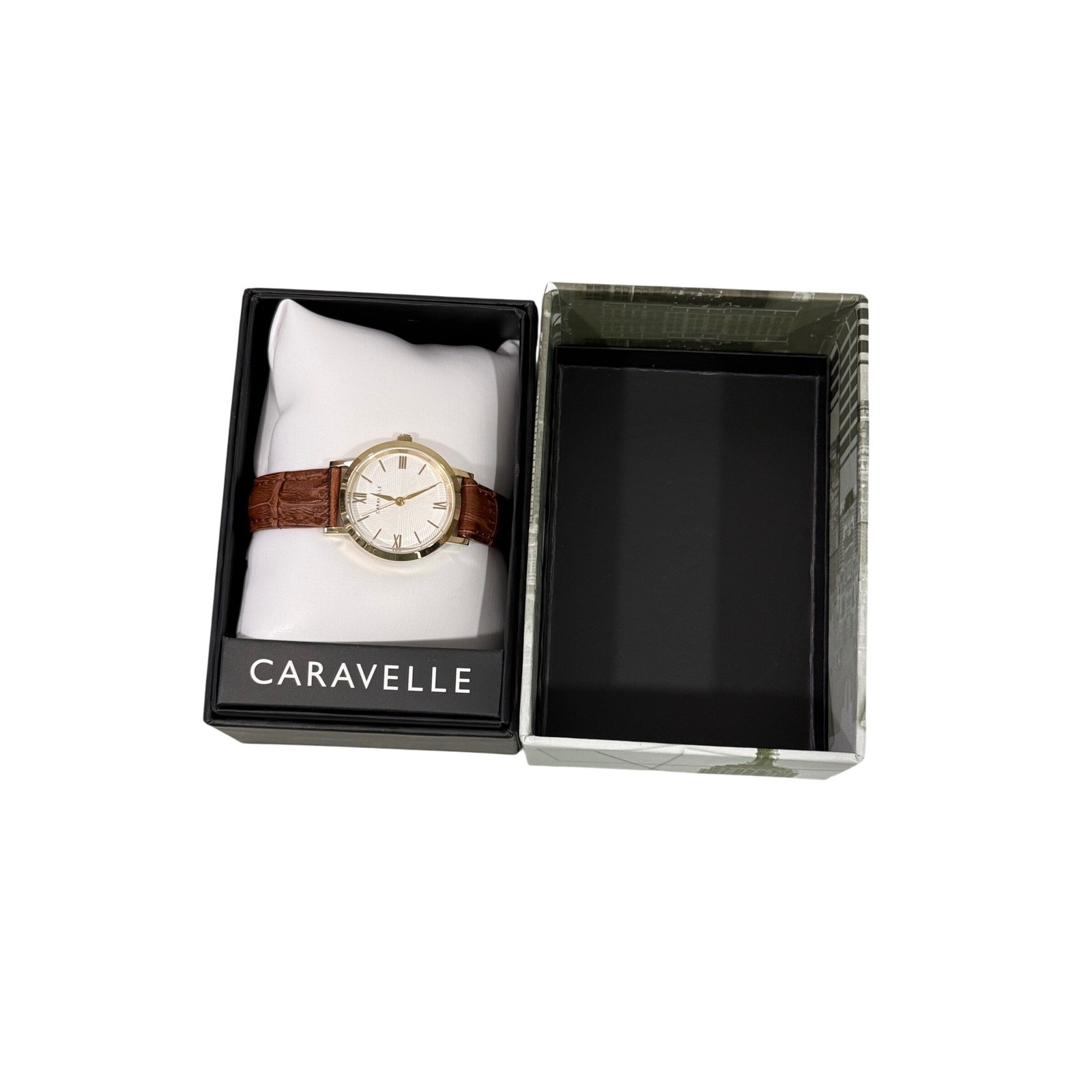Caravelle by Bulova Gold Tone Watch Brown Leather Strap 44L256 White Dial