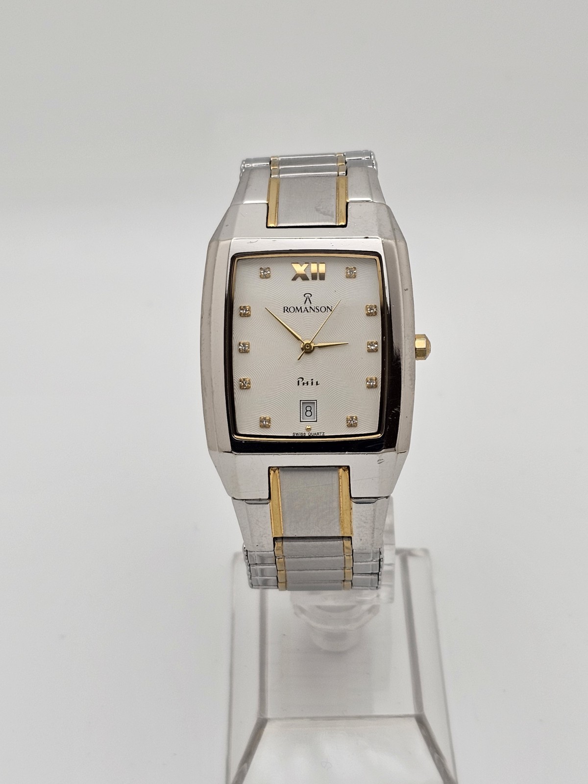 SWISS ROMANSON PHIL WATCH ART DECO BARREL 23K GOLD PLATED MENS GEMMED DATE WATCH