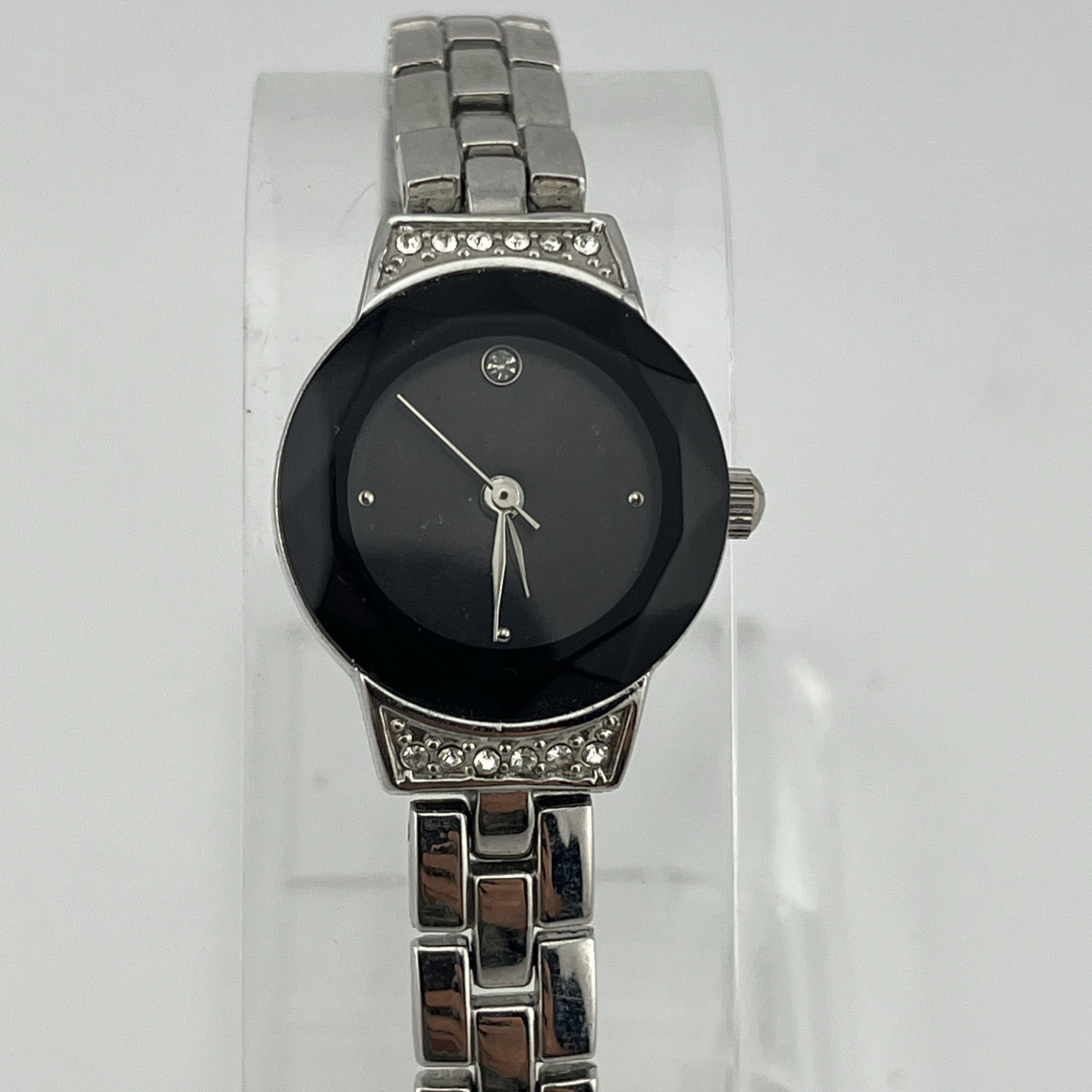 Women’s Silver Dress Watch Faceted Crystal Black Dial 7″ Band- New Battery