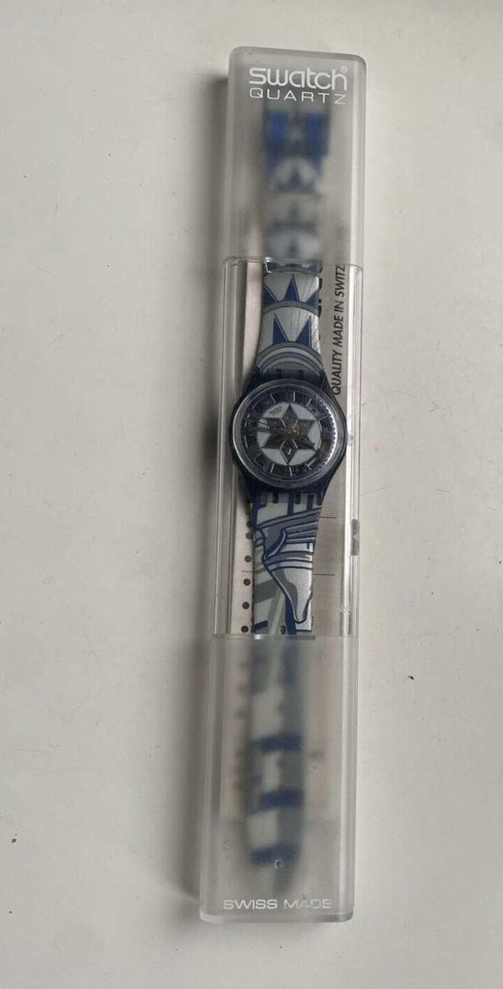 SWATCH DECOSCRAPER WATCH GP109U Boxed Blue White Swatch See Thru Mechanical
