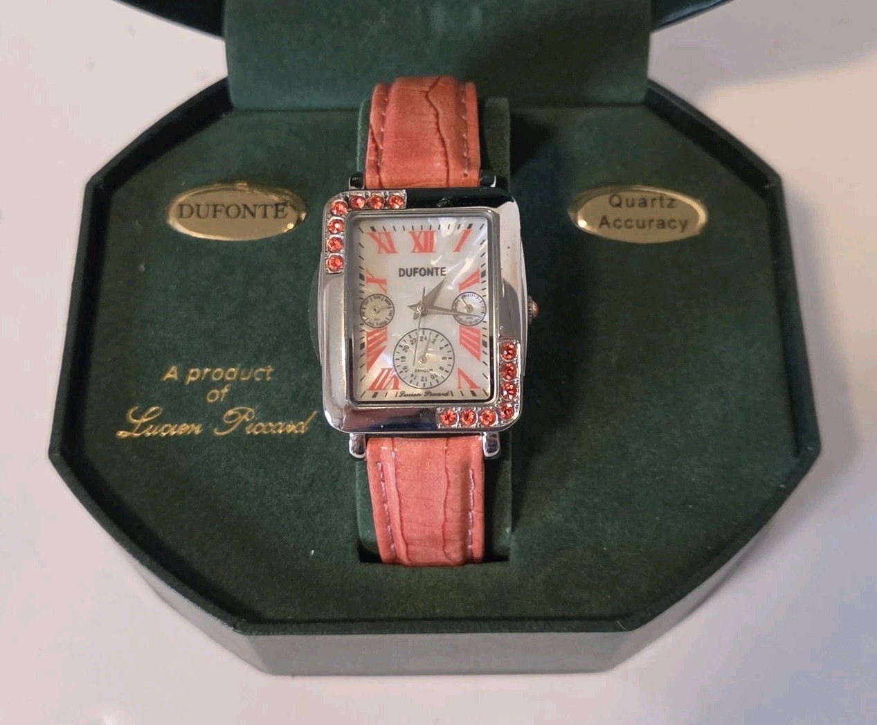 Dufonte by Lucien Piccard Pink Watch Crystals 73008COR 12h 24h Day/Date