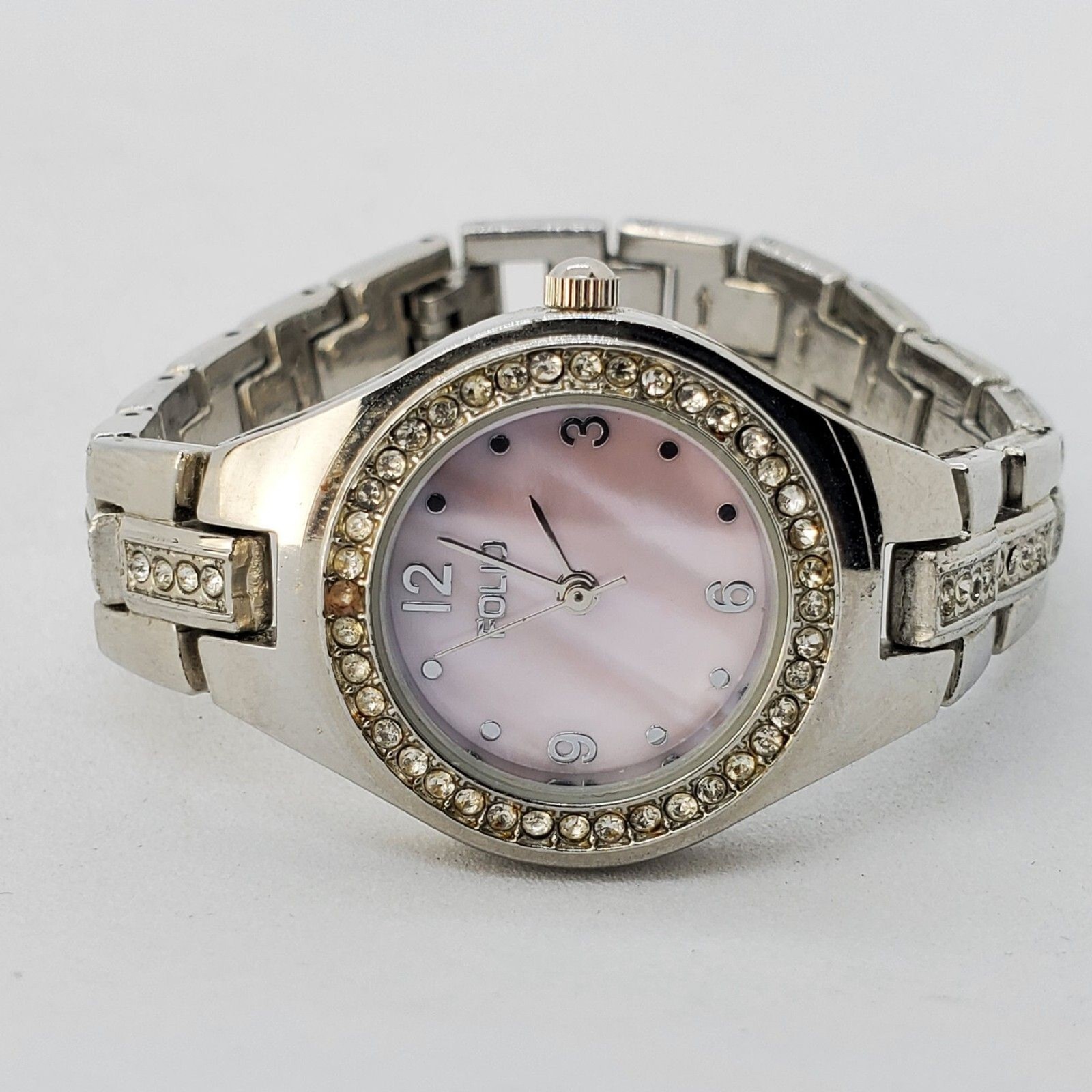 Folio Women’s Watch 26MM Pink Dial Gray Bracelet Crystal Bezel 5.75″ New Battery