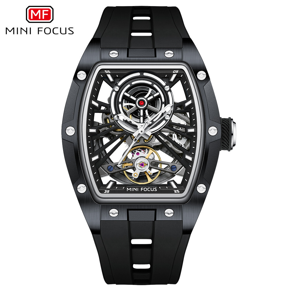 MINI FOCUS Men Mechanical Automatic Watch Skeleton Rectangle Wristwatch for Male