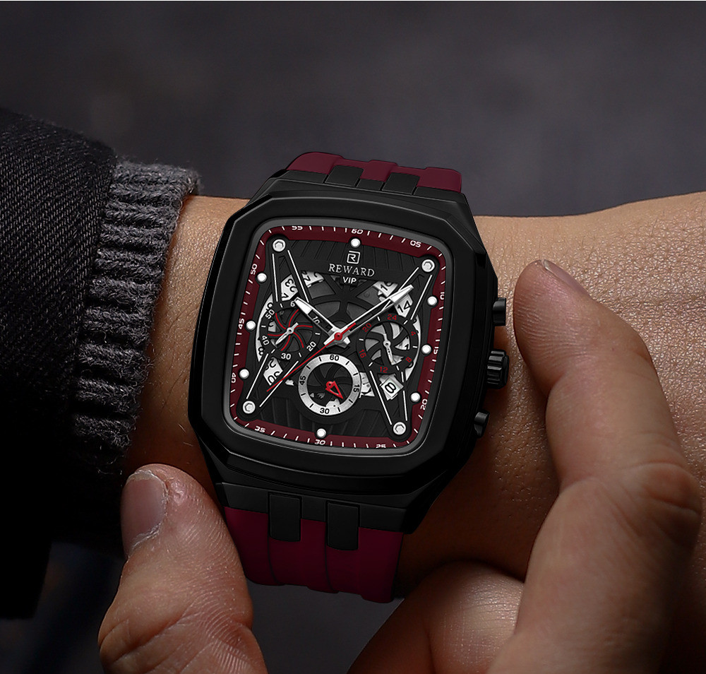 REWARD Men’s Rectangle Multifunction Chronograph Calendar Luminous Quartz Watch