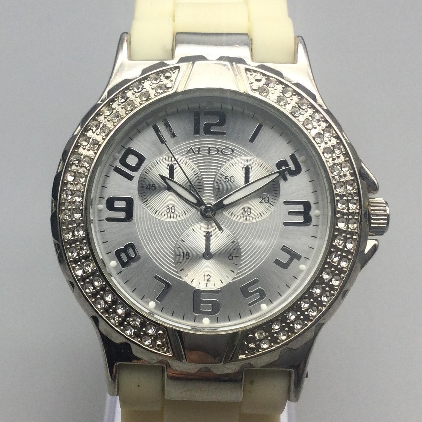 ALDO Womens Watch 41mm Silver Dial Crystals Beige Silicone New Battery 6.75″