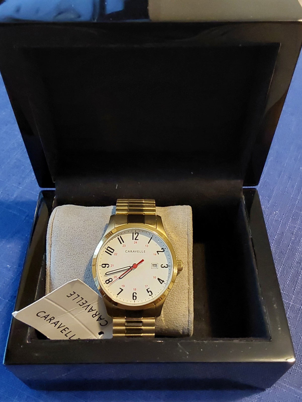 Caravelle Mens Quartz Date White Dial Gold Bracelet w/ Box