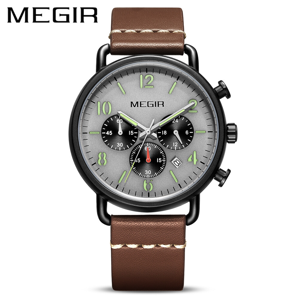 MEGIR Men Watches 2023 Luxury Top Brand Leather Strap Chronograph Quartz Watch