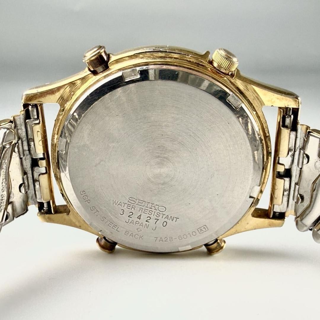 Seiko 7A28 6010 Chronograph Quartz White Dial Gold Mens Watch Auth