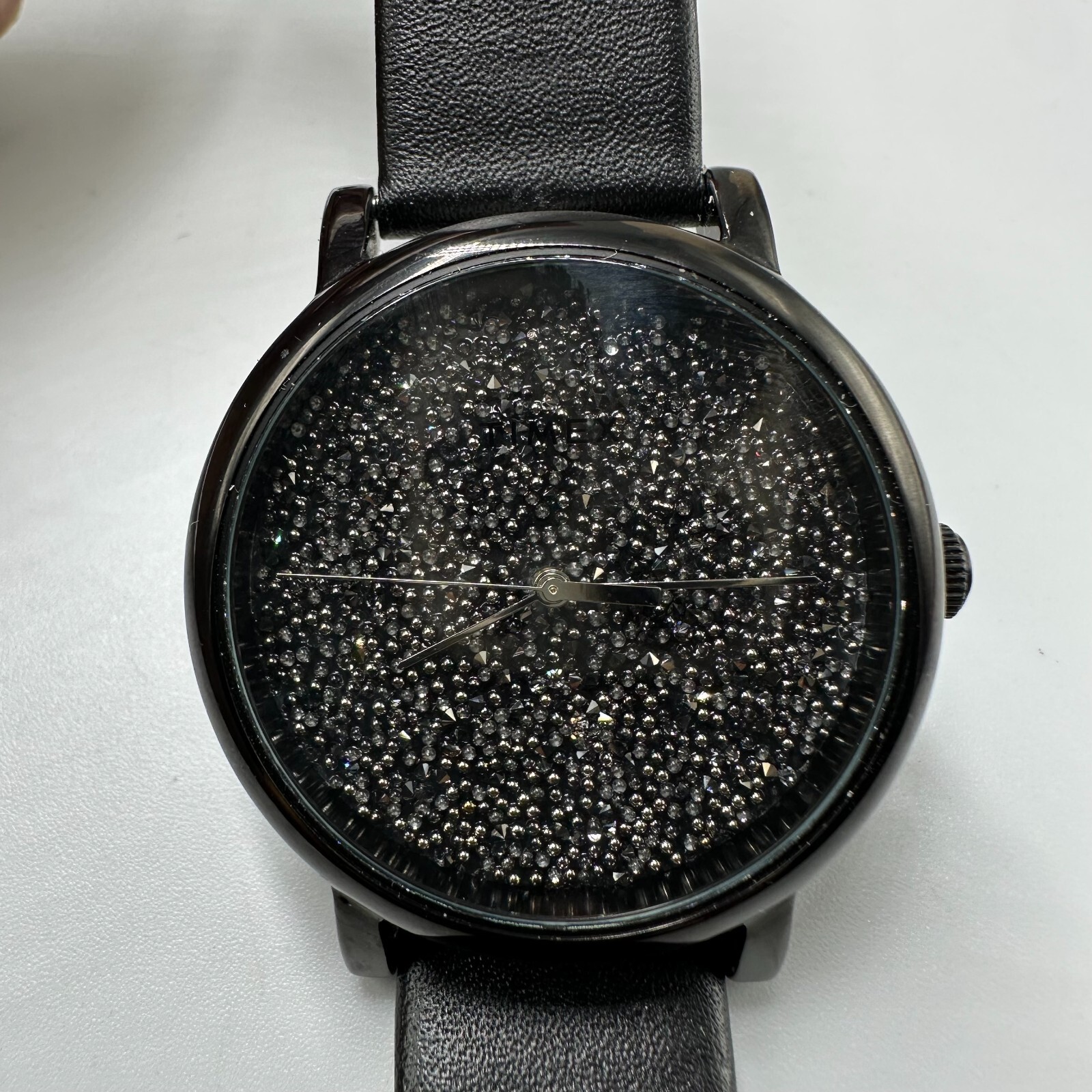 Timex Crystal Opulence Watch Women Black Leather Band New Battery 9.5 Inch