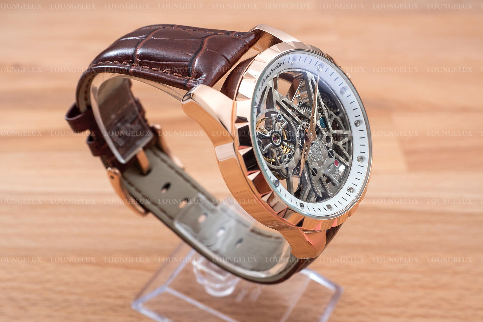 Mens Luxury Skeleton Automatic Mechanical Watch – Rose Gold White Dial Leather