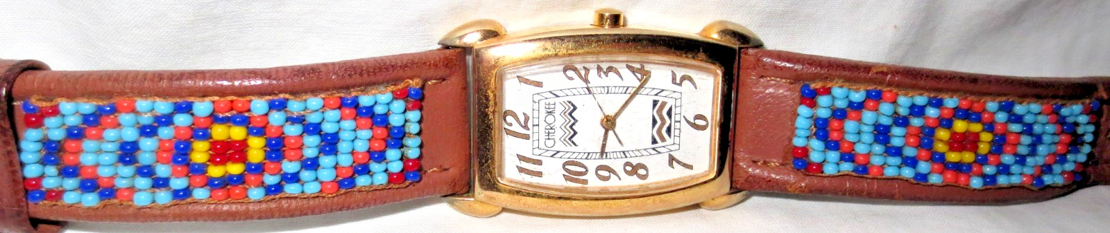 Native American Cherokee Wristwatch Tank Style Aztec Design Dial & Beaded Band