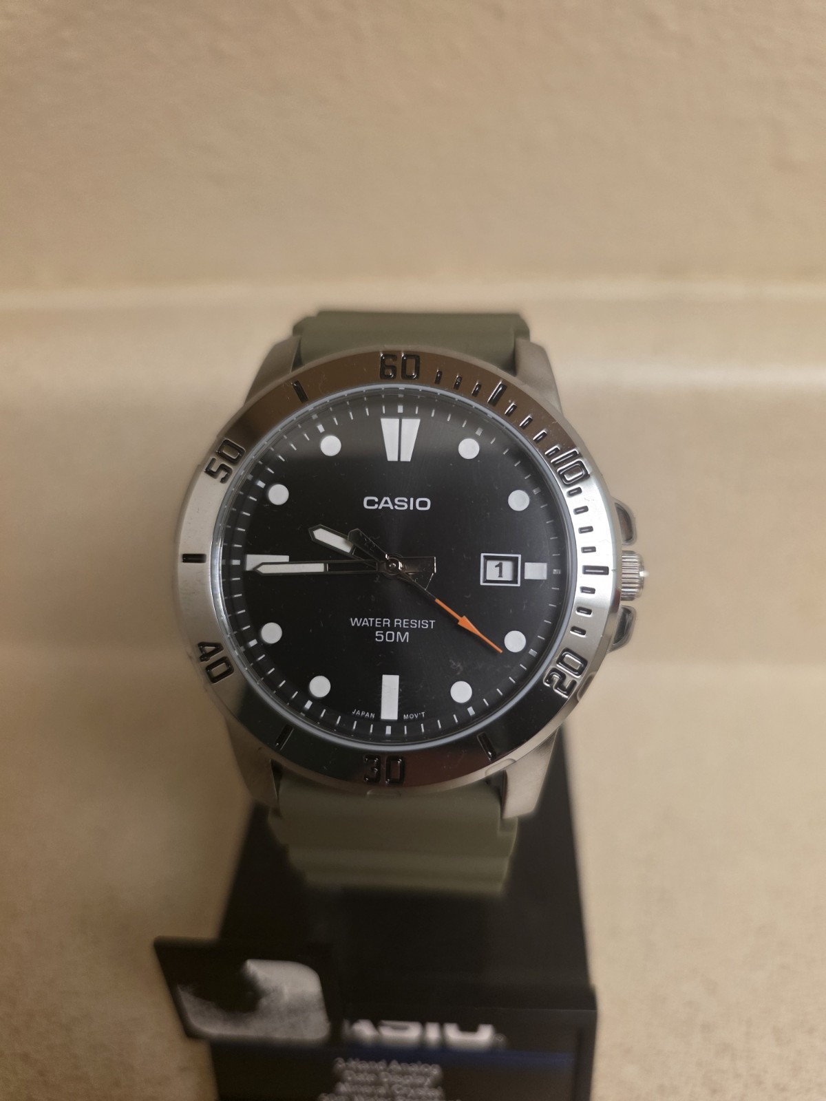 Casio MTP-VD01-3EV Men’s Enticer Green Resin Band Black Dial 50M WR Sports Watch
