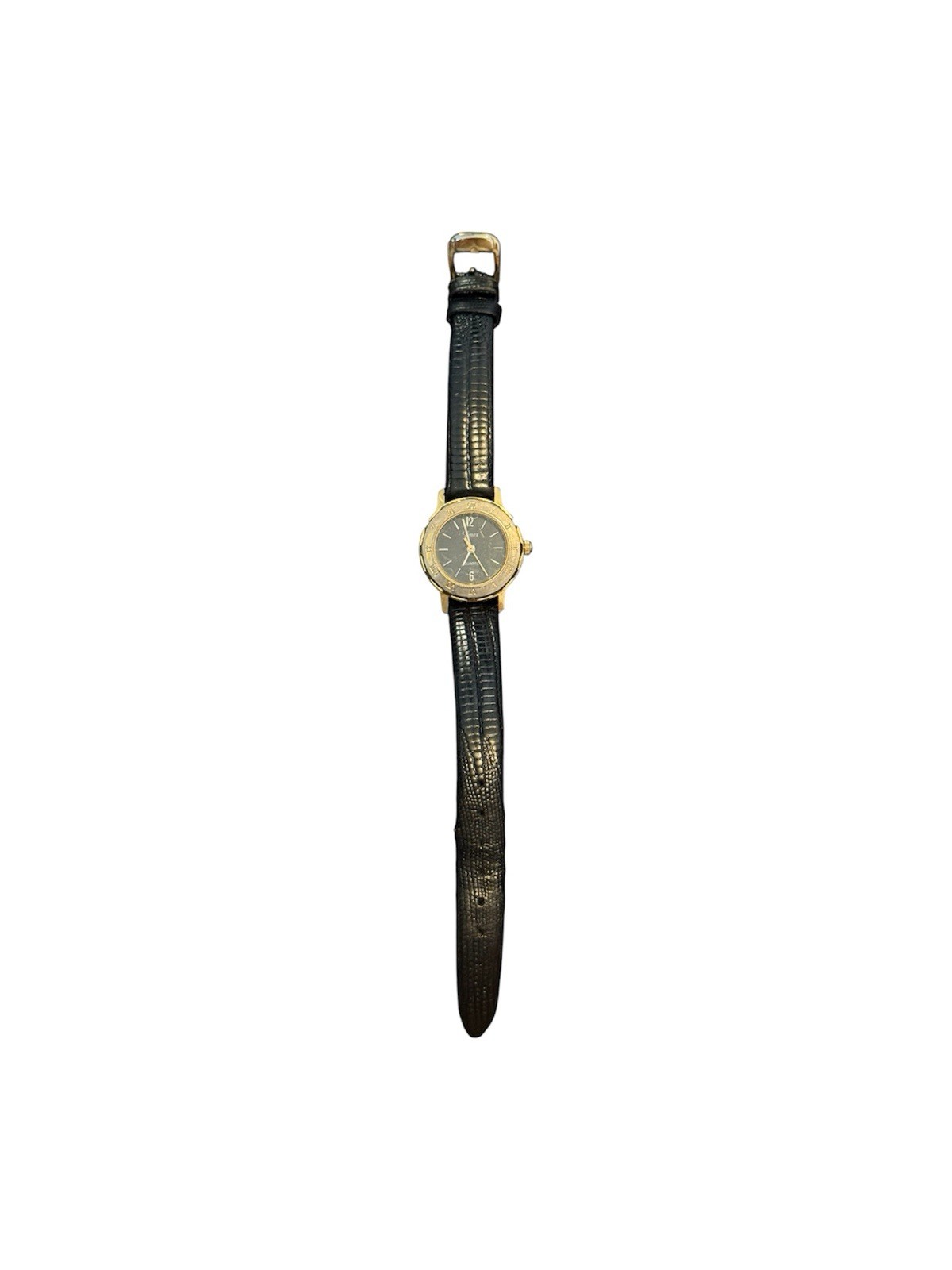 Timex Women’s Quartz Analog Watch Black Dial Gold Tone Case Black Leather