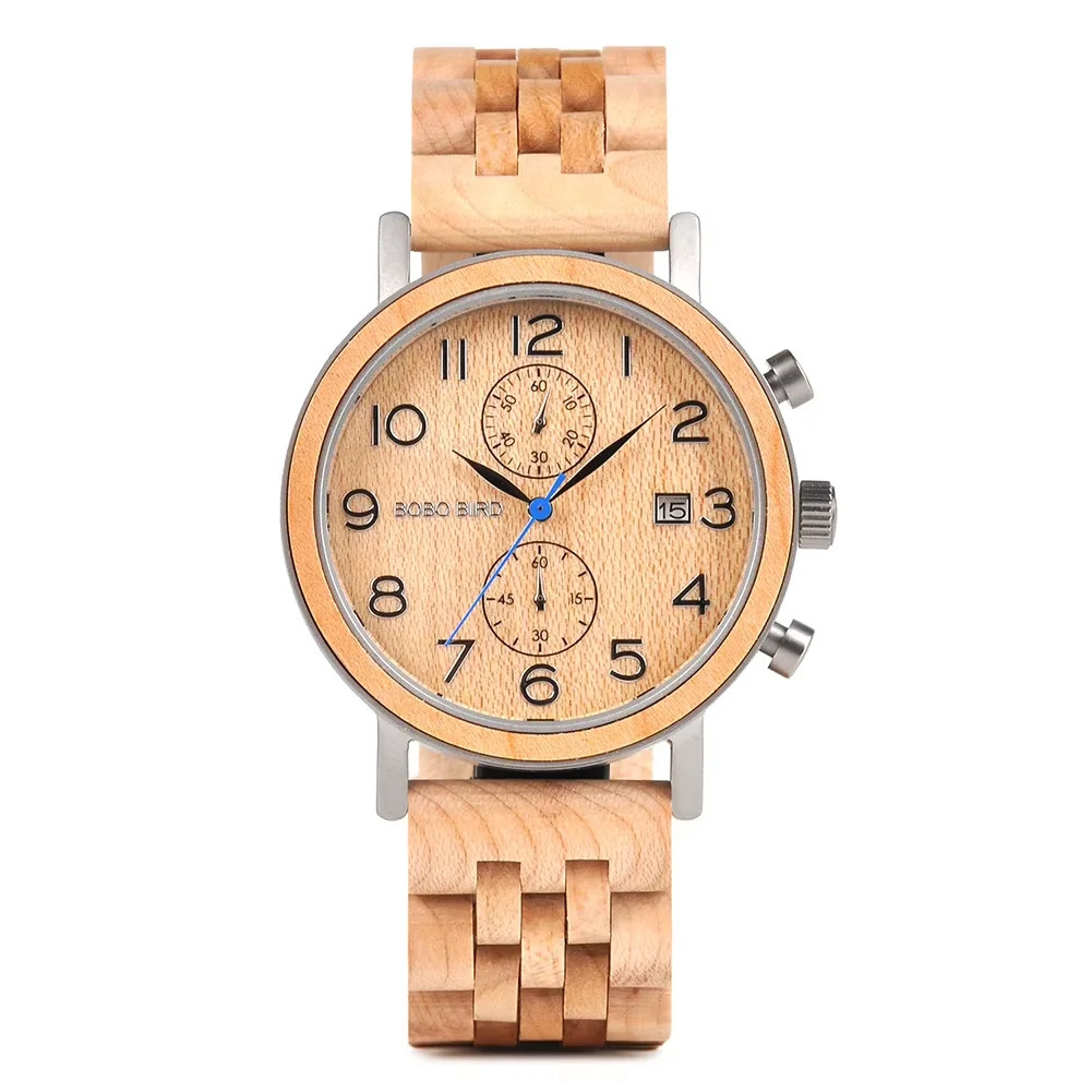 BOBO BIRD Mens Wood Watch Auto Date Quartz Wooden Strap Wristwatch Gift Box