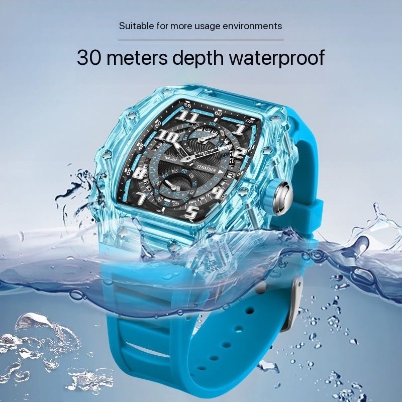 Fashion Luxury Barrel Shape Skeleton Watch Men’s Quartz Sport Watch Rubber Band