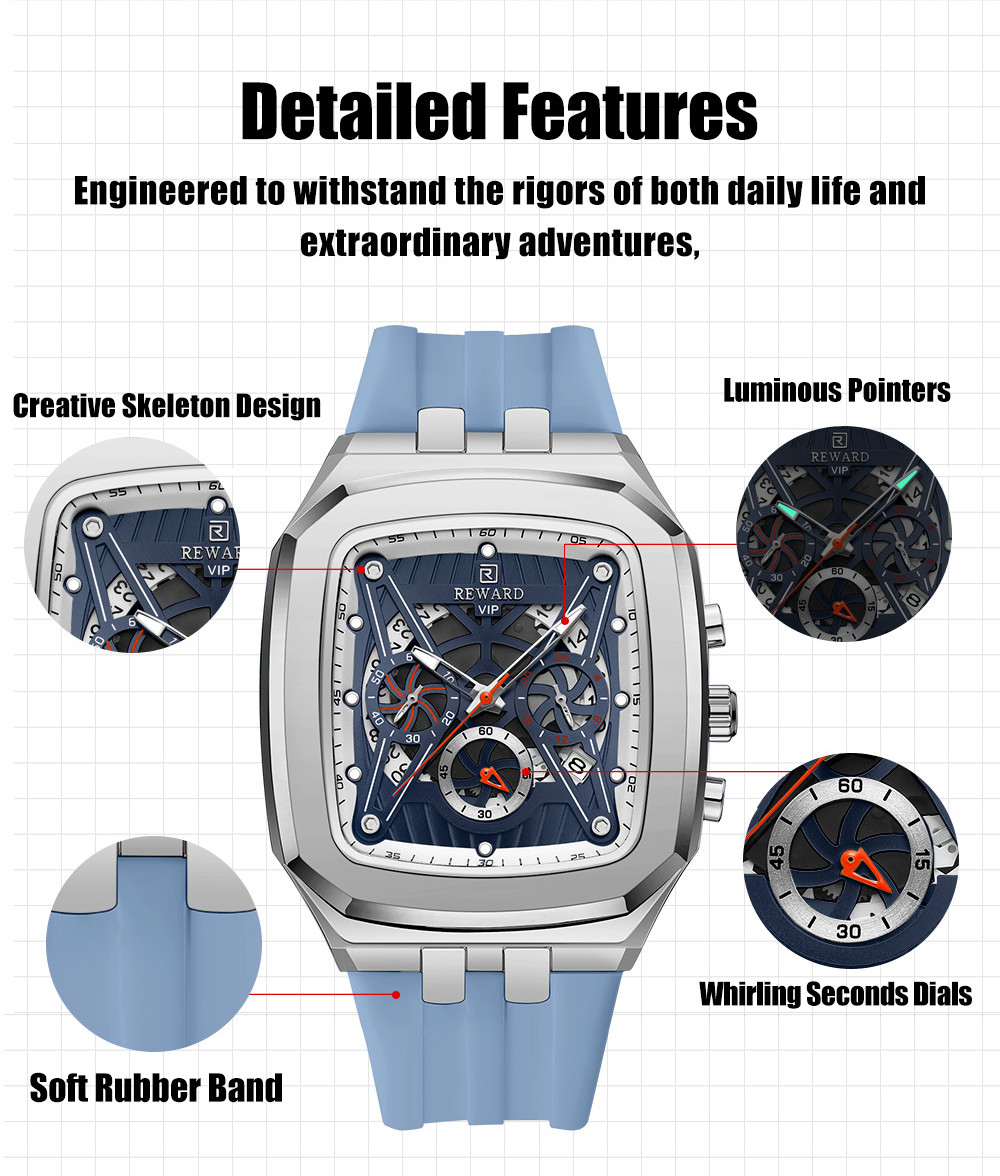 REWARD Men’s Rectangle Multifunction Chronograph Calendar Luminous Quartz Watch