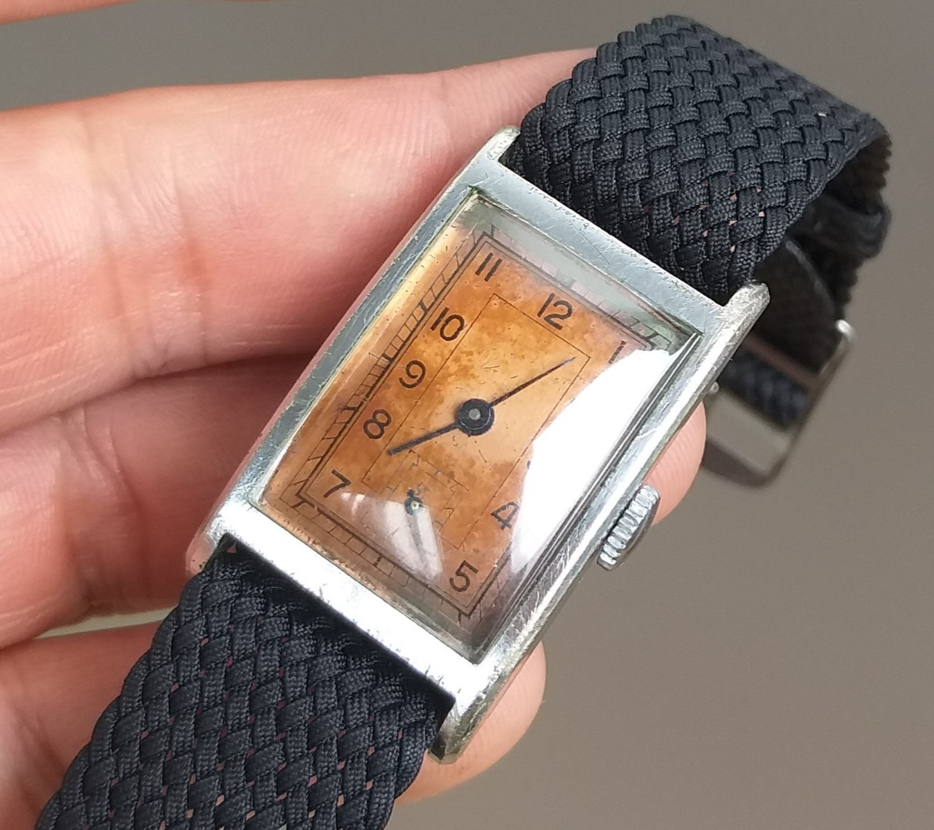Vintage 1930’s 1940’s WWII Era Rectangular Tank Watch Tropical Dial