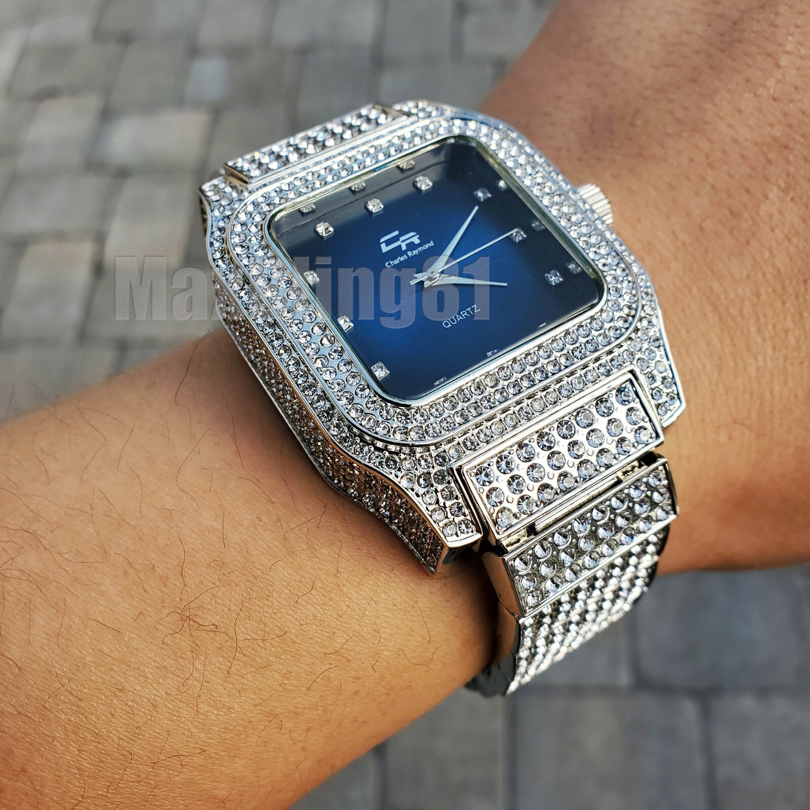 Luxury Iced White Gold Plated Blue Green Red Dial Square Lab Diamond Metal Watch