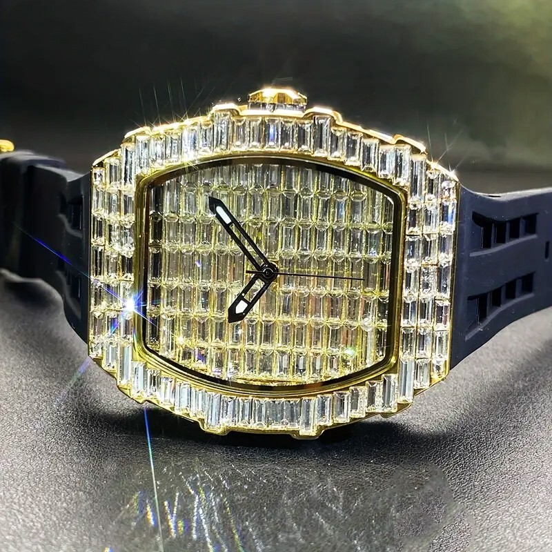 Men Iced Bling Rapper Baguette Stone Silicone Band Hip Hop Luxury Fashion Watch