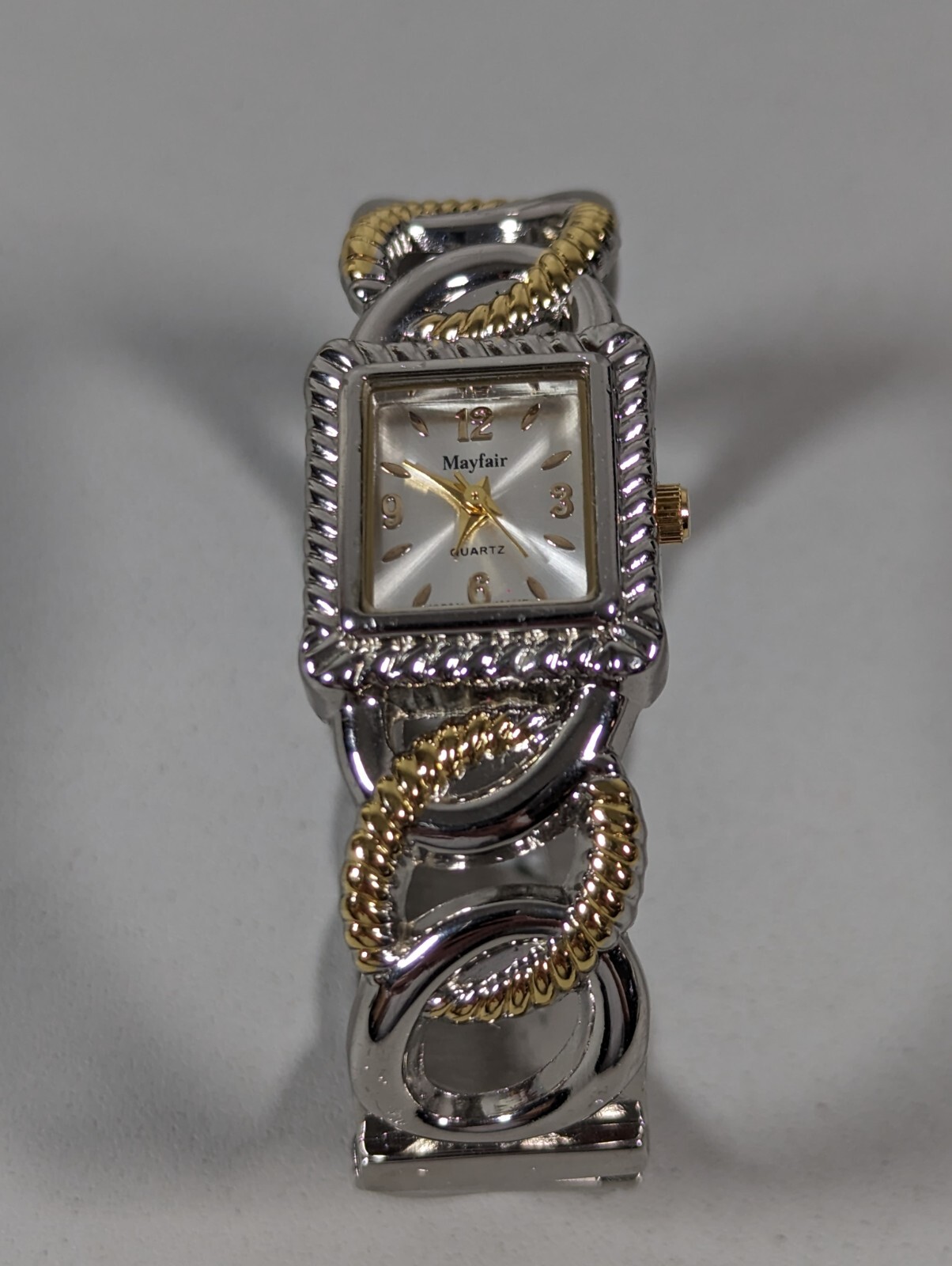 Mayfair Silver Tone Dial Rectangle Case Hinge Two Tone Bracelet Band Watch