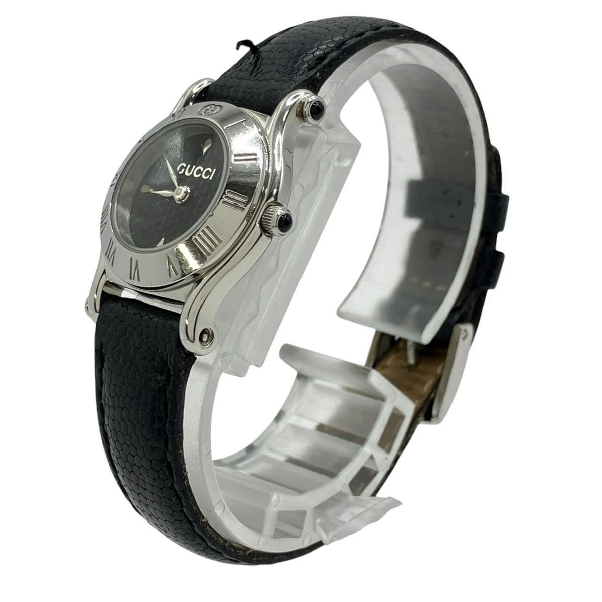 Working GUCCI Watch Black Dial Quartz Silver Leather Strap