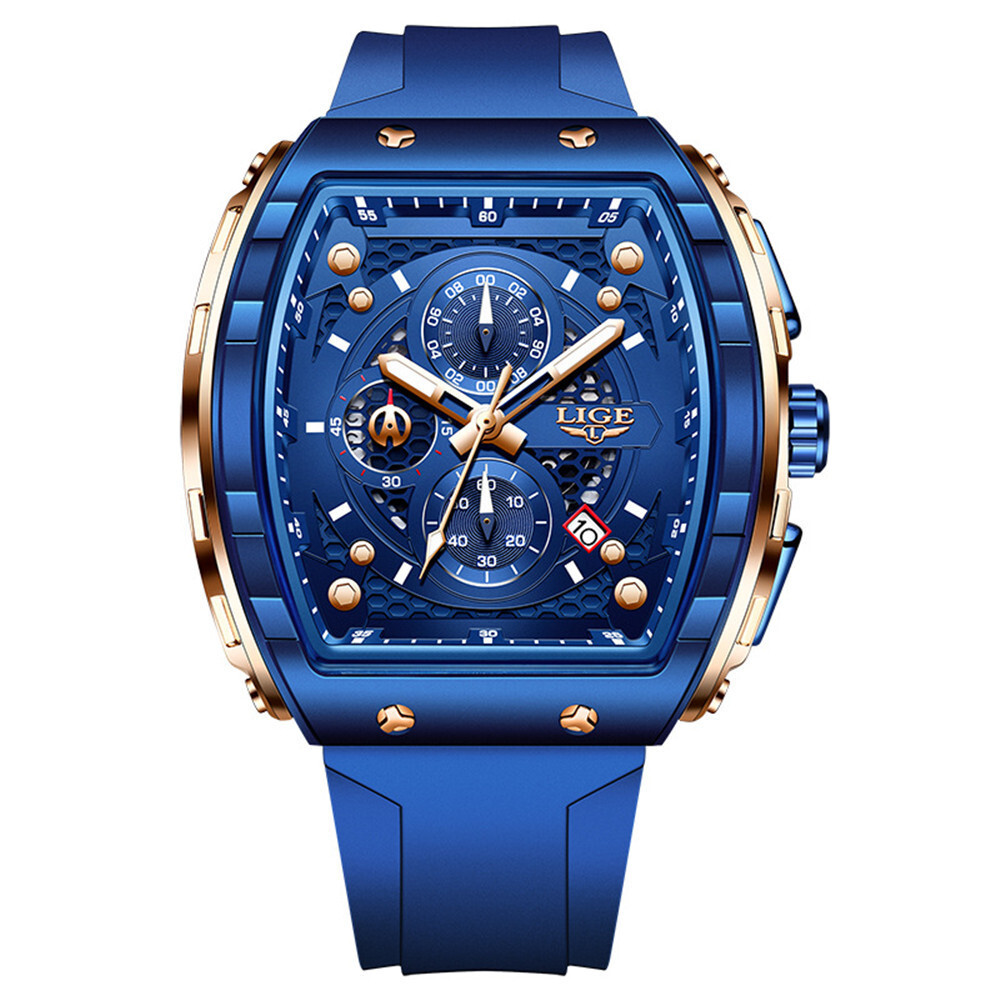 LIGE Men Quartz Watch Rectangle Sport Wristwatch Chronograph Males Date Watches