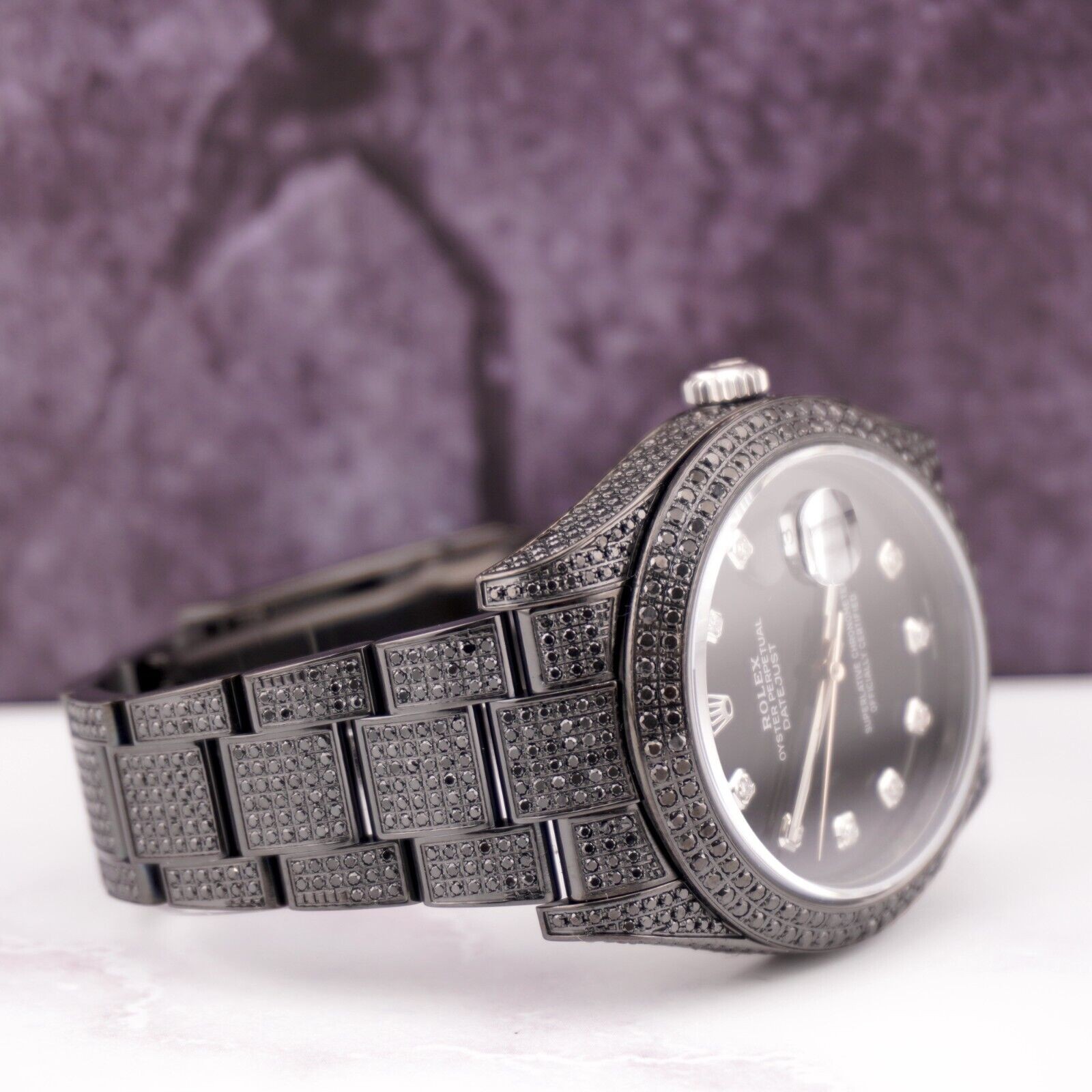 Rolex Men’s Datejust 41mm Black Iced Out 10ct Diamonds Oyster Steel Watch 116300