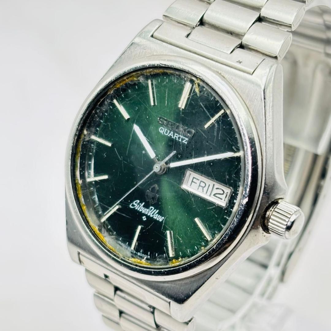 Working SEIKO Silver Wave Green Dial Day Date Men s Wristwatch