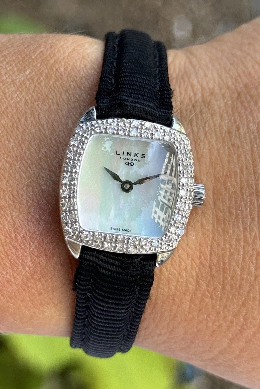 Diamonds & MOP Dial Watch Links London Quartz Lady Sterling Silver 925 Swiss