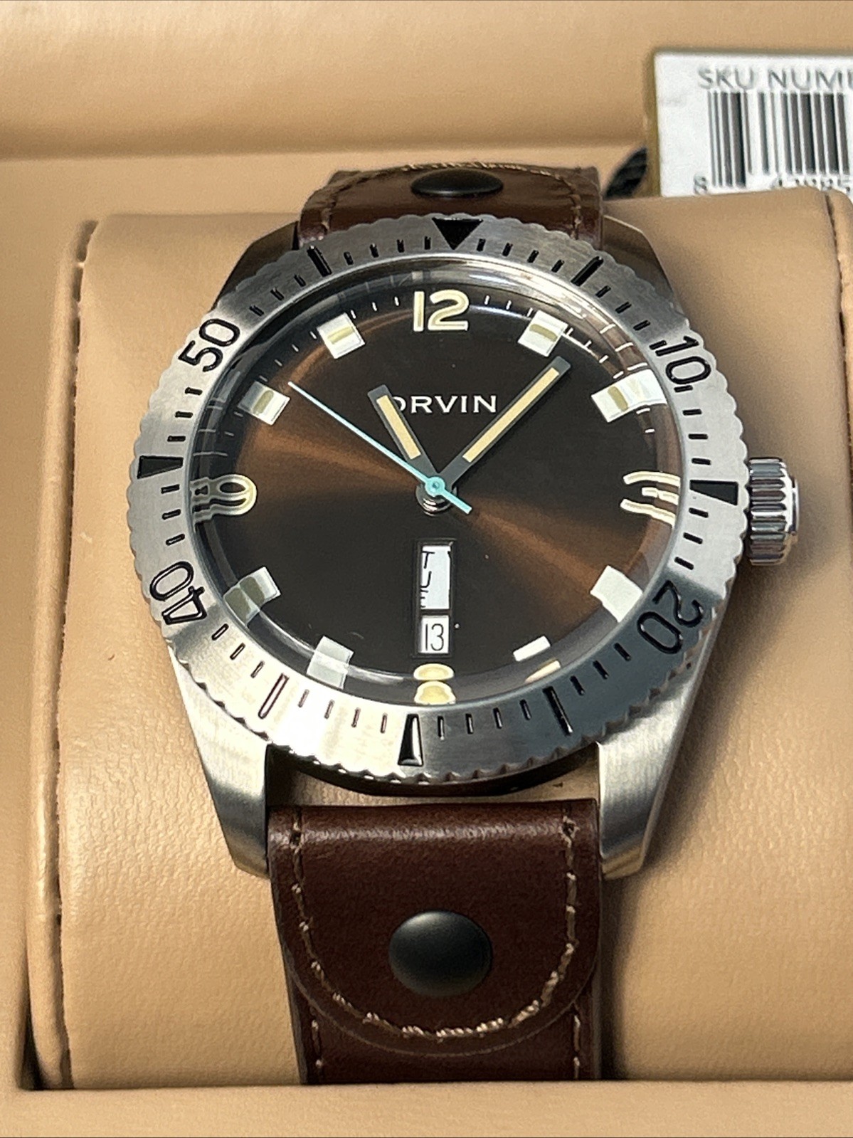 Orvin Field Diver Reissue Watch Brown Leather Strap DayDate 20atm Needs Battery