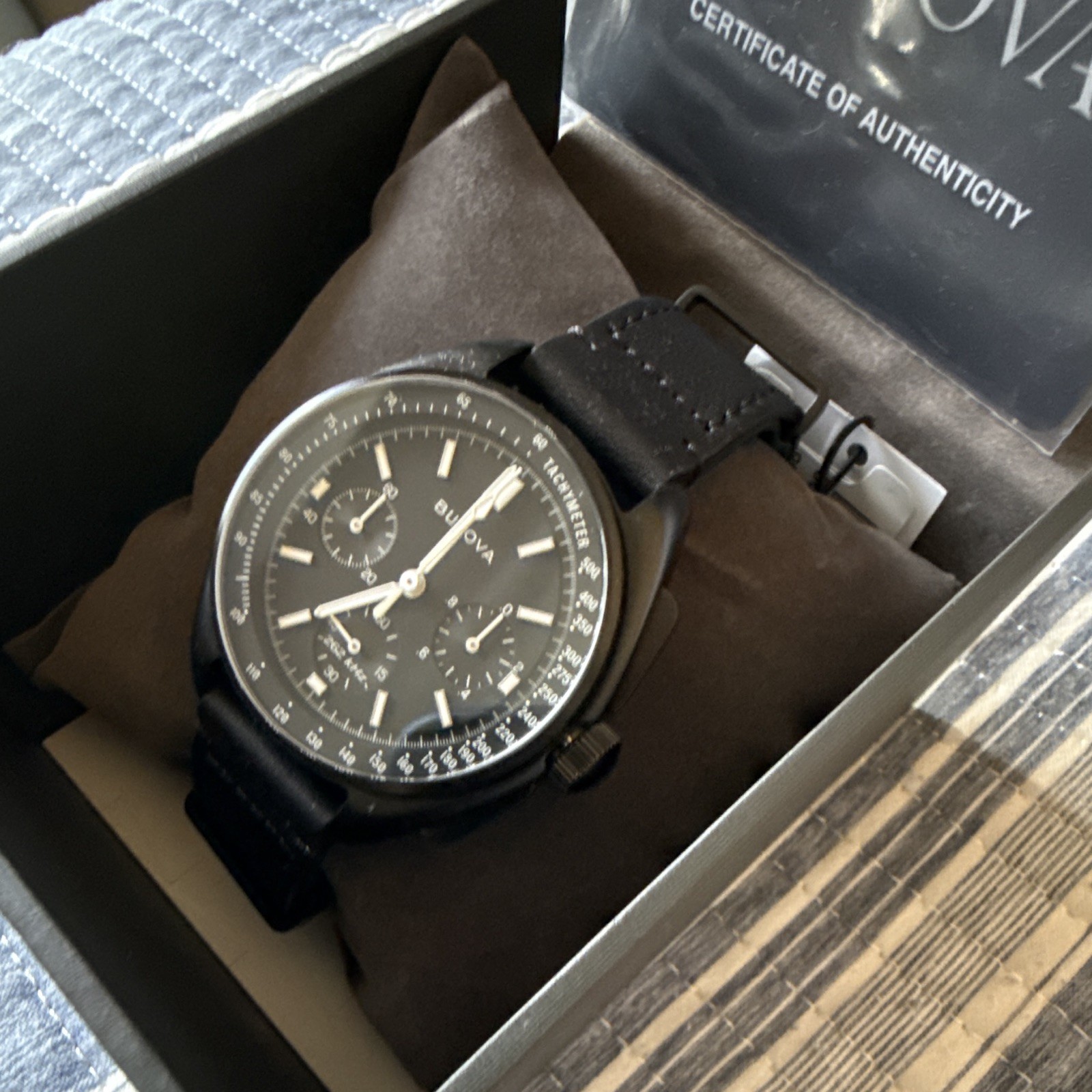 Bulova Lunar Pilot Quartz Chronograph Tachymeter 45mm Black Dial Leather