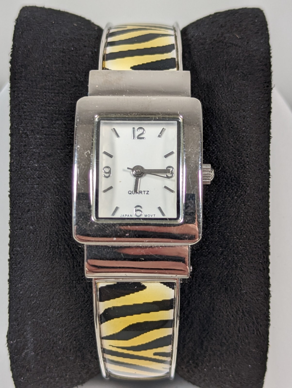 White Dial Silver Tone Rectangle Case Black Yellow Open Cuff Hinge Band Watch