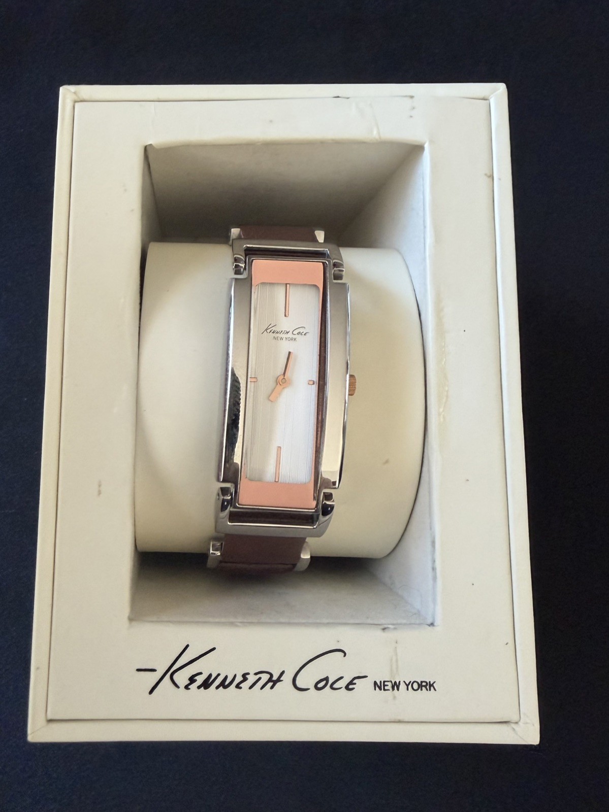 Kenneth Cole KC2493 White Rectangular Pinstripe Dial Leather Wristwatch Watch
