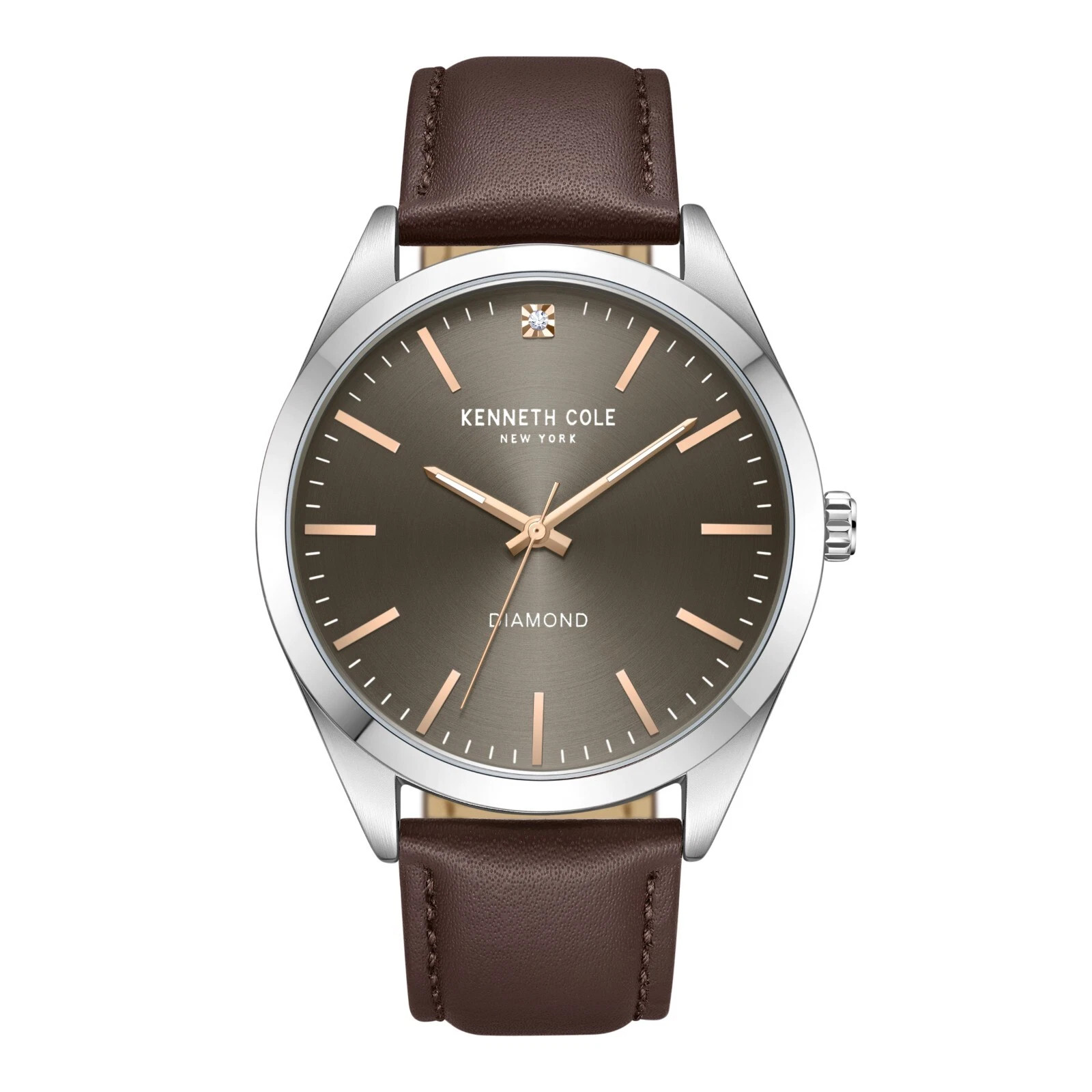 Kenneth Cole Men’s Watch Diamond Grey Dial Brown Leather Strap KCWGA7002201