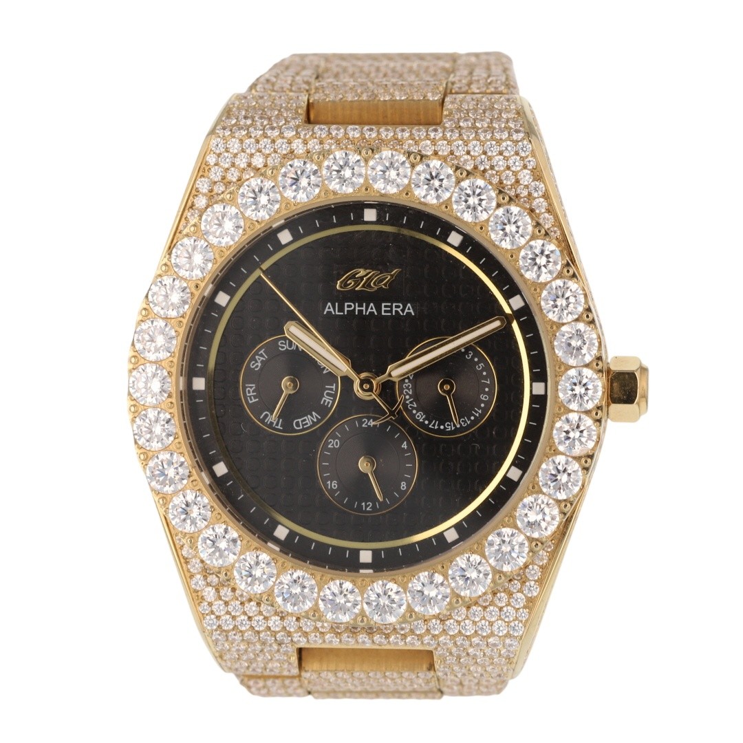 GLD Iced Alpha Era CZ Accent 42mm Black Dial Stainless Steel Men’s Wristwatch