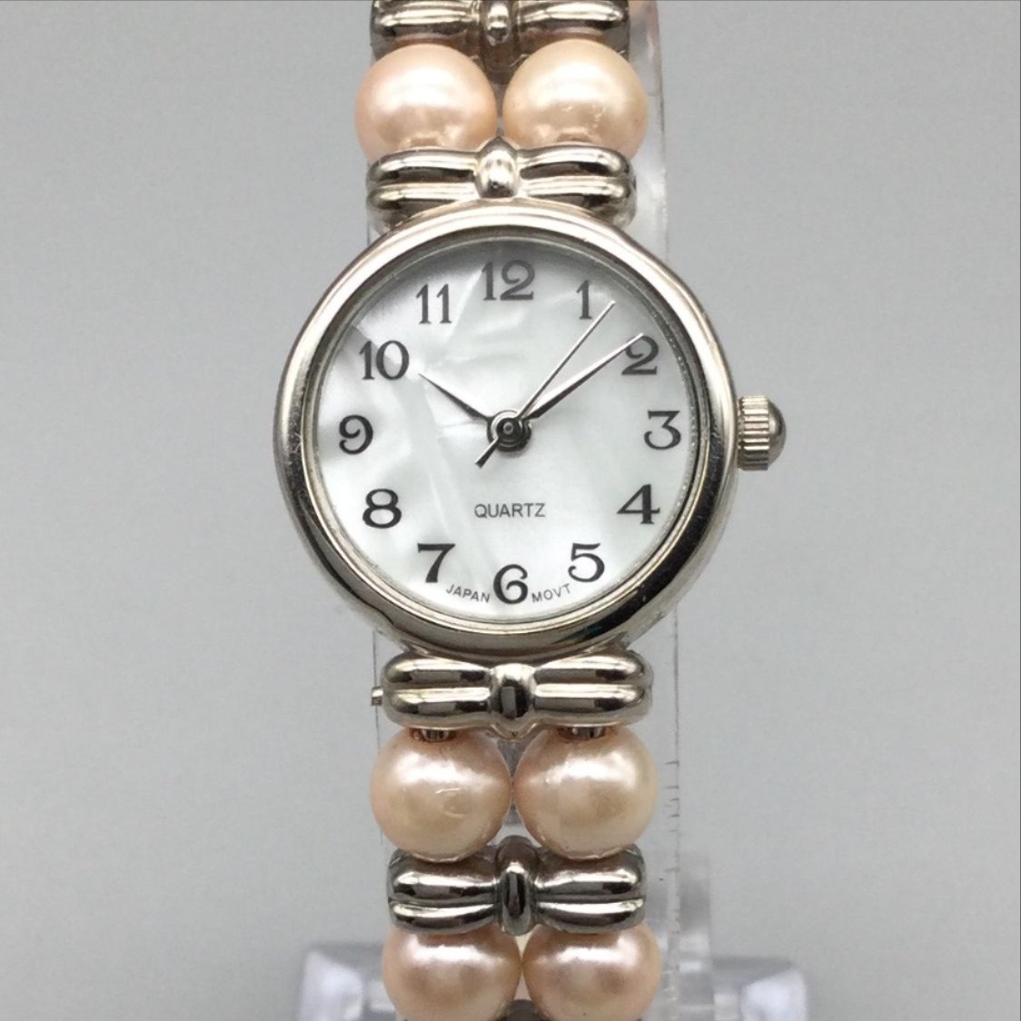 Womens Watch 21mm White Dial Faux Pearl Bead Silver Tone New Battery 7.25″