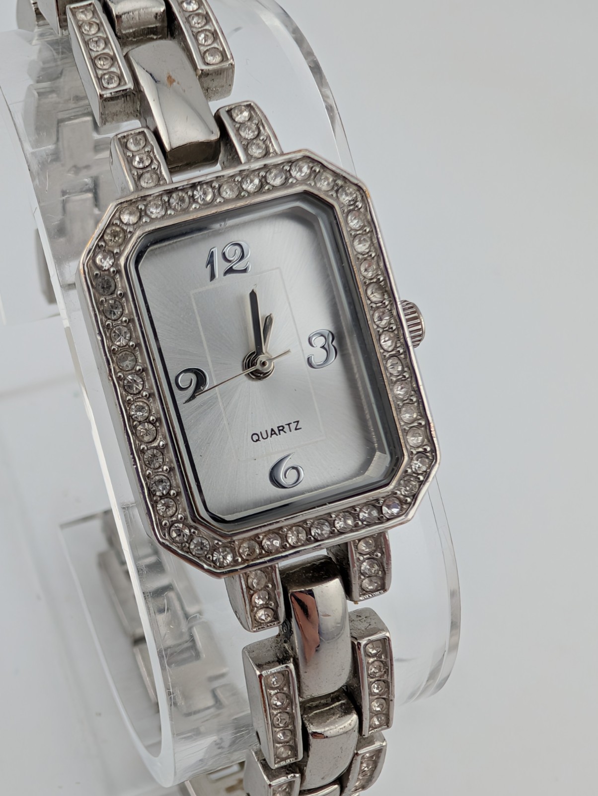Avon Tank Watch Women Rhinestone Bezel Silver 7.5″ Band- New Battery