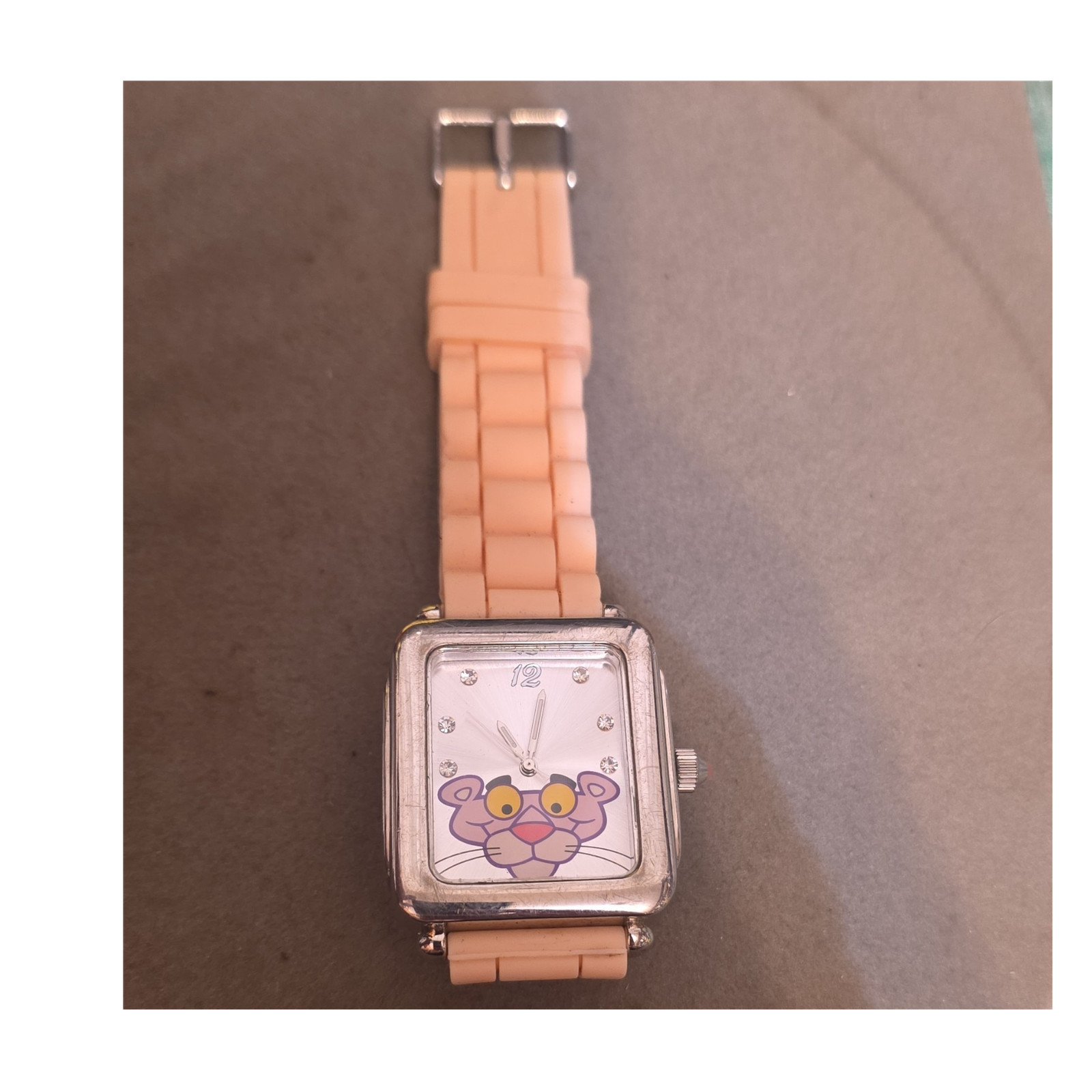 MGM Pink Panther Analog Quartz Square Watch Beige Rubber Strap White Purple Dial